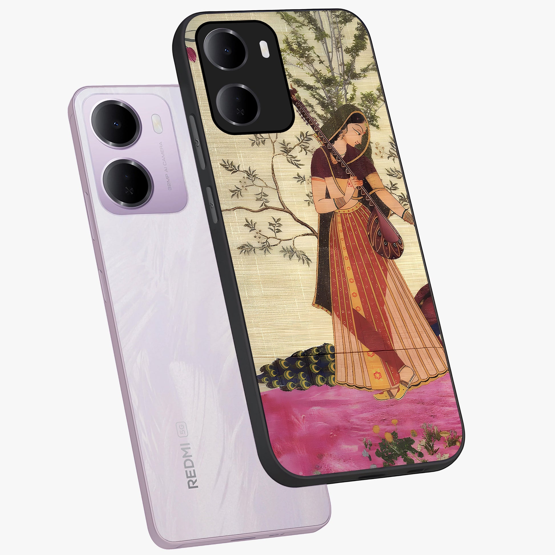 Lady With Veena Art Glass Case displayed in angled mockup highlighting graceful musical illustration with cultural artistic aesthetic.