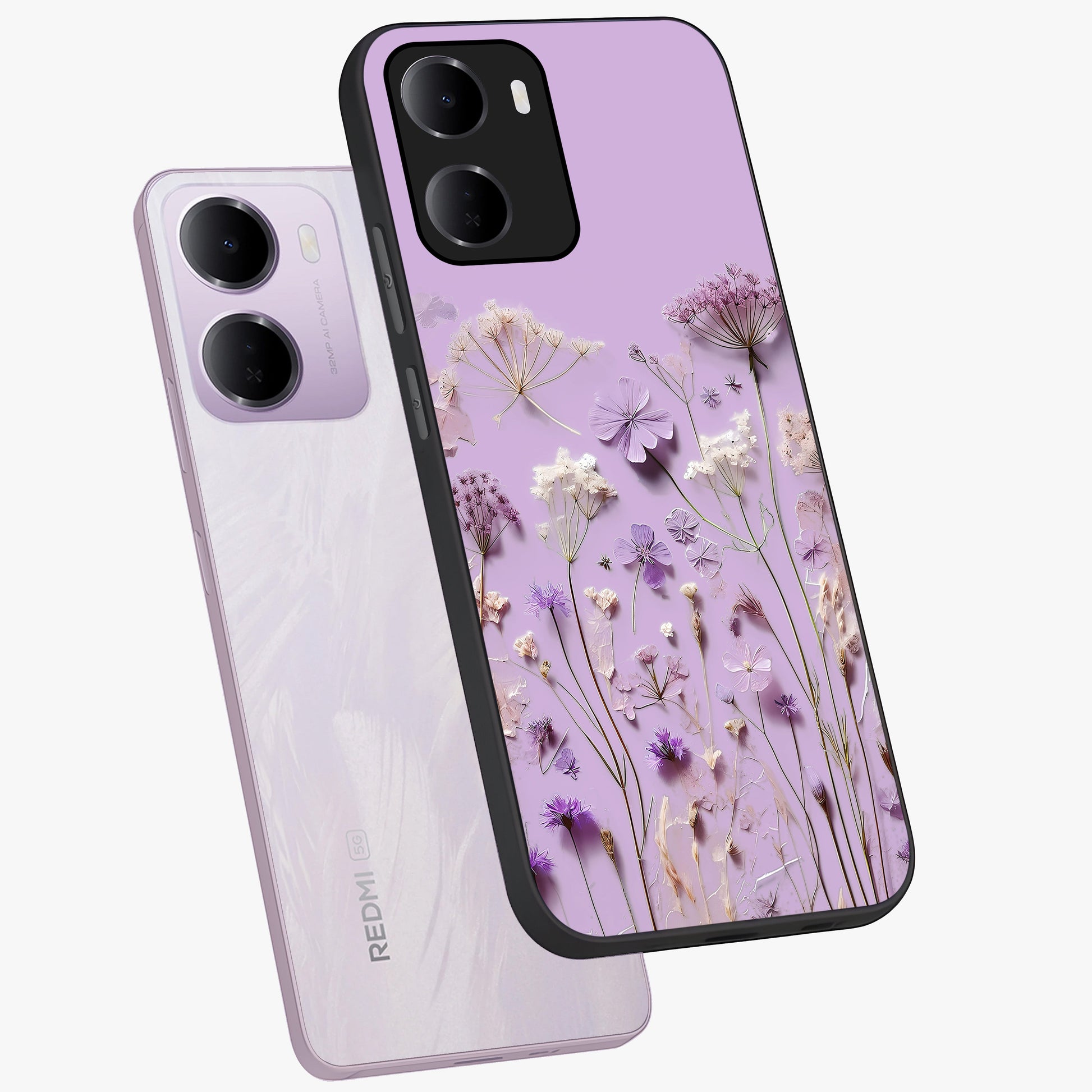 Lavender Blossom Dream Glass Case displayed in angled mockup highlighting dreamy lavender flower design with calming aesthetic style.