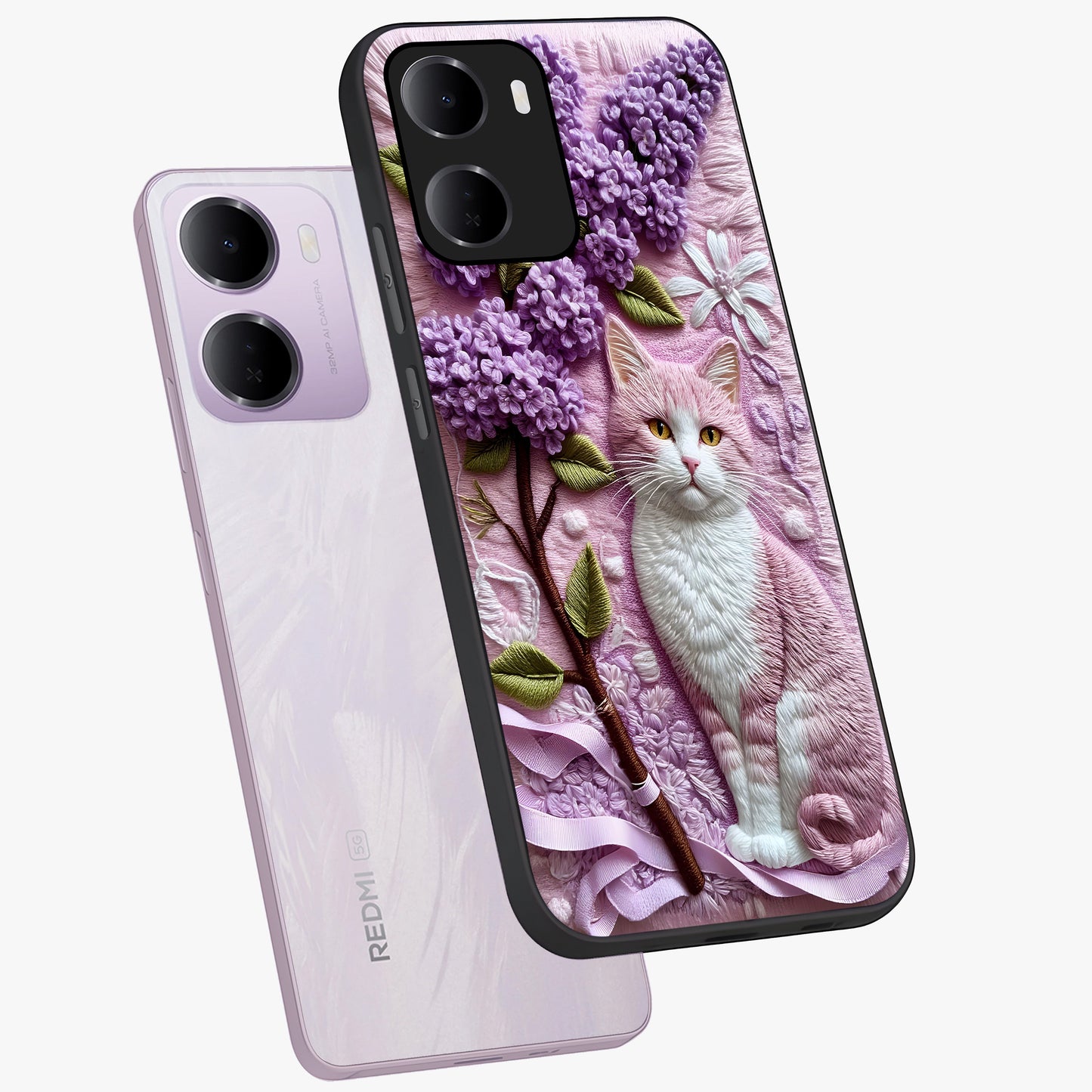 Lavender Cat Whimsy Glass Case displayed in angled mockup highlighting playful feline illustration with pastel lavender aesthetic.