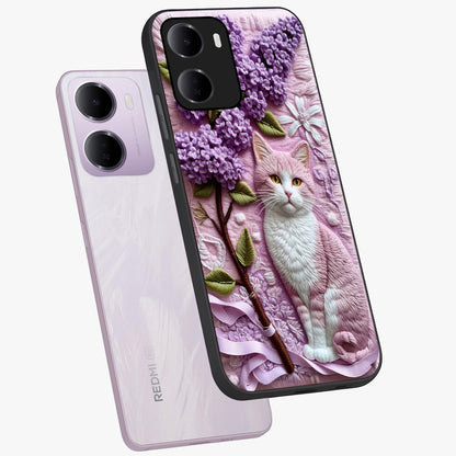 Lavender Cat Whimsy Glass Case displayed in angled mockup highlighting playful feline illustration with pastel lavender aesthetic.