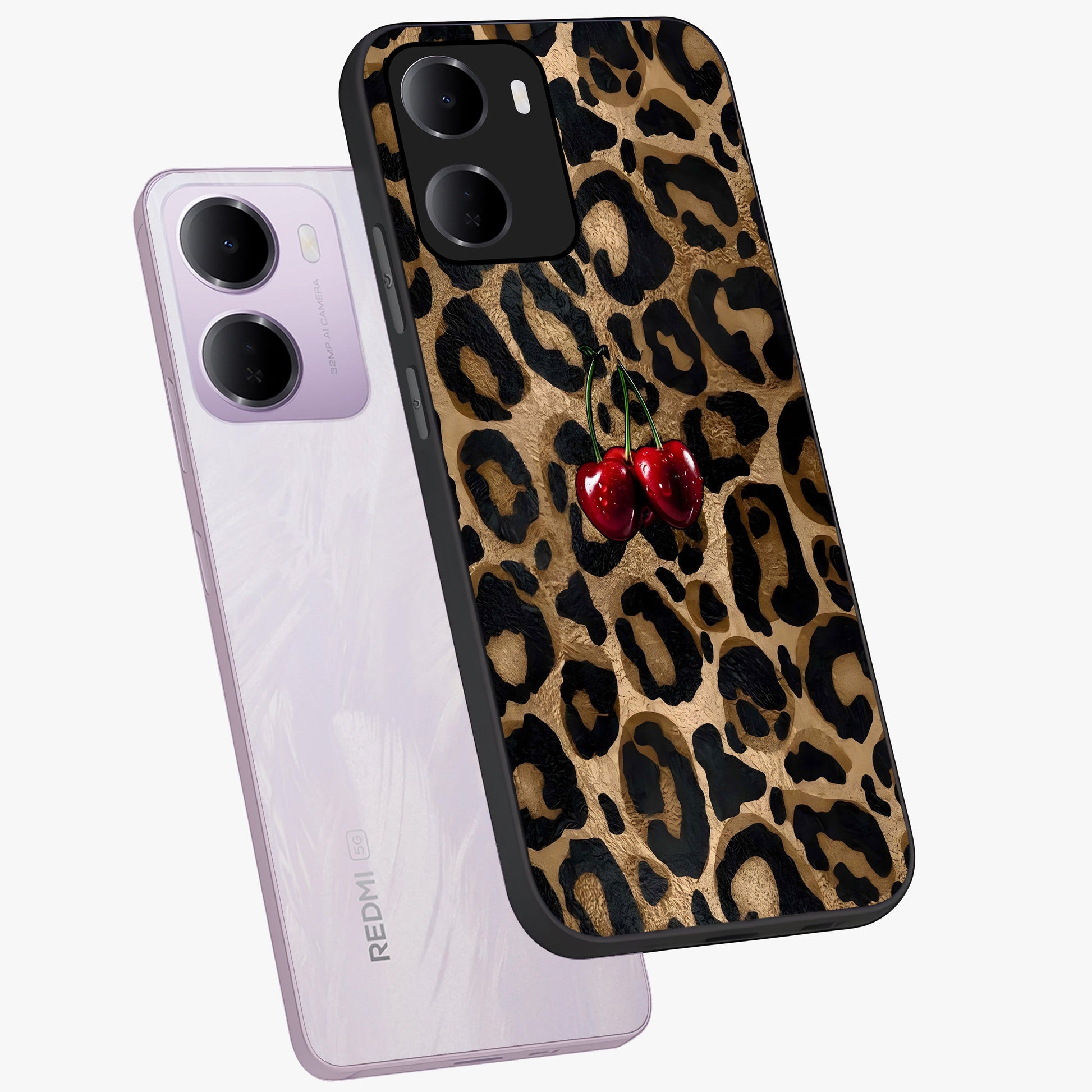 Leopard Wild Cherry Glass Case displayed in angled mockup highlighting bold animal print design with playful cherry aesthetic.