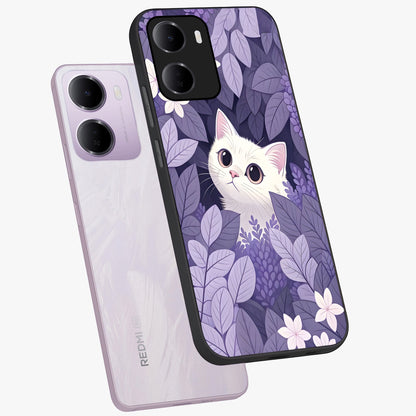 Lilac Hide Peek Cat Glass Case displayed in angled mockup highlighting playful feline illustration with lilac aesthetic design.
