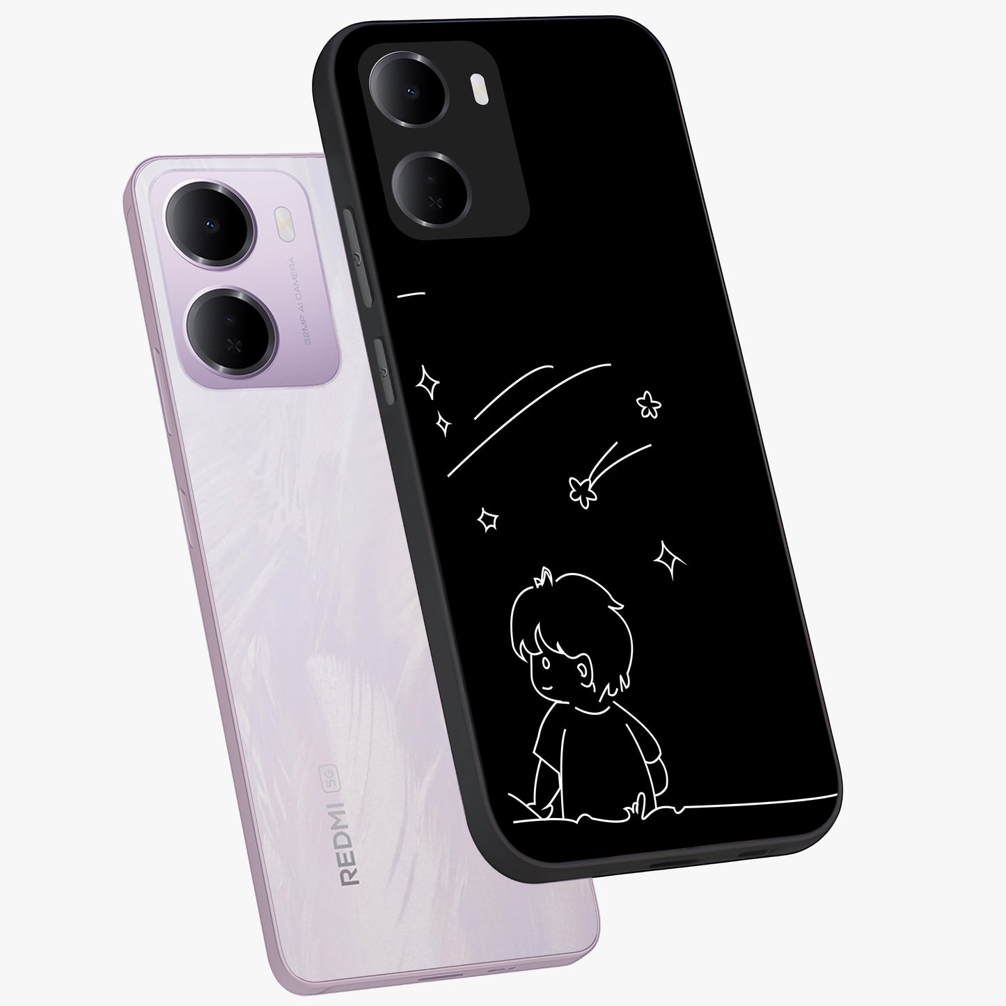 Line Art Boy With Shooting Stars Glass Case displayed in angled mockup highlighting elegant line art design with dreamy star aesthetic.