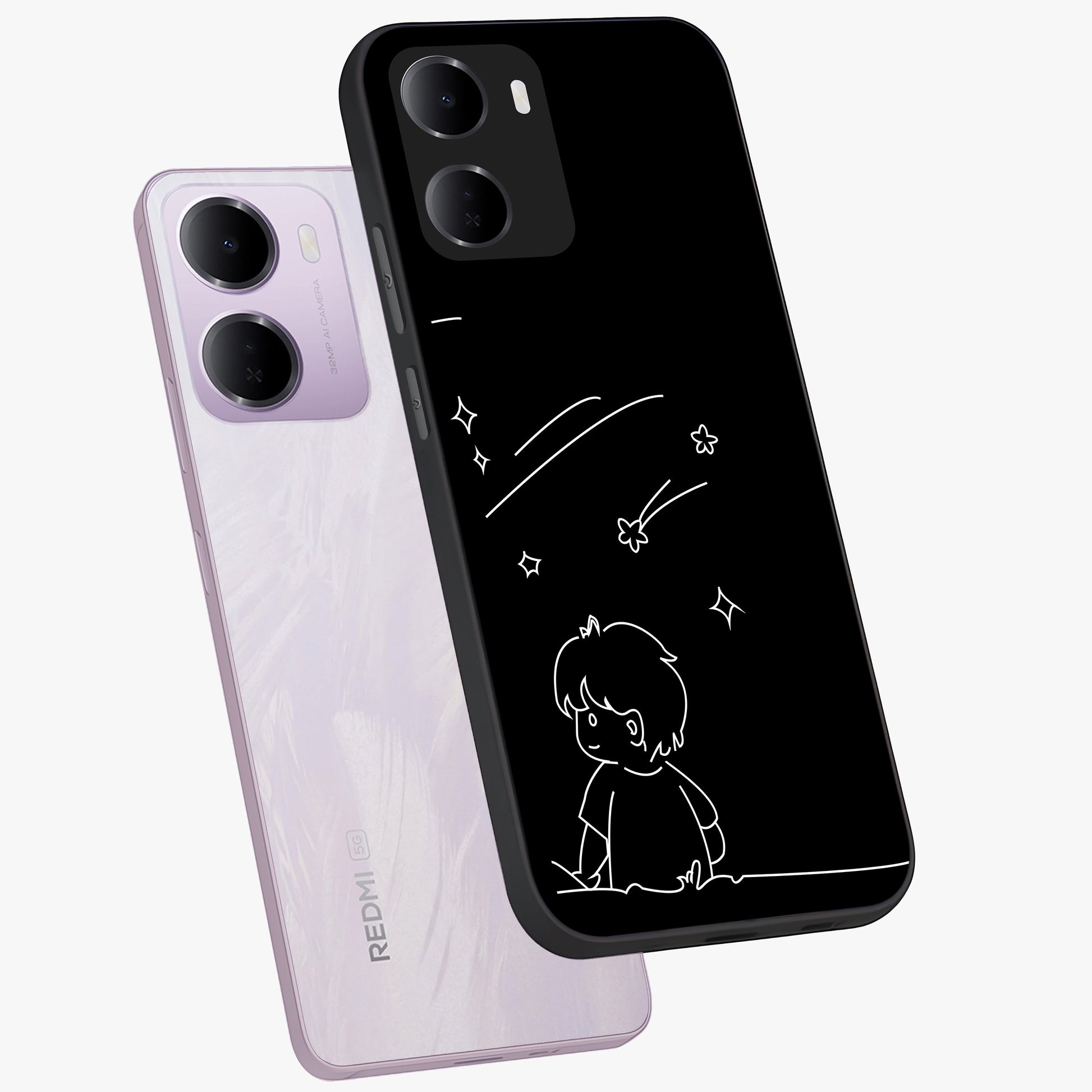 Line Art Boy With Shooting Stars Glass Case displayed in angled mockup highlighting elegant line art design with dreamy star aesthetic.