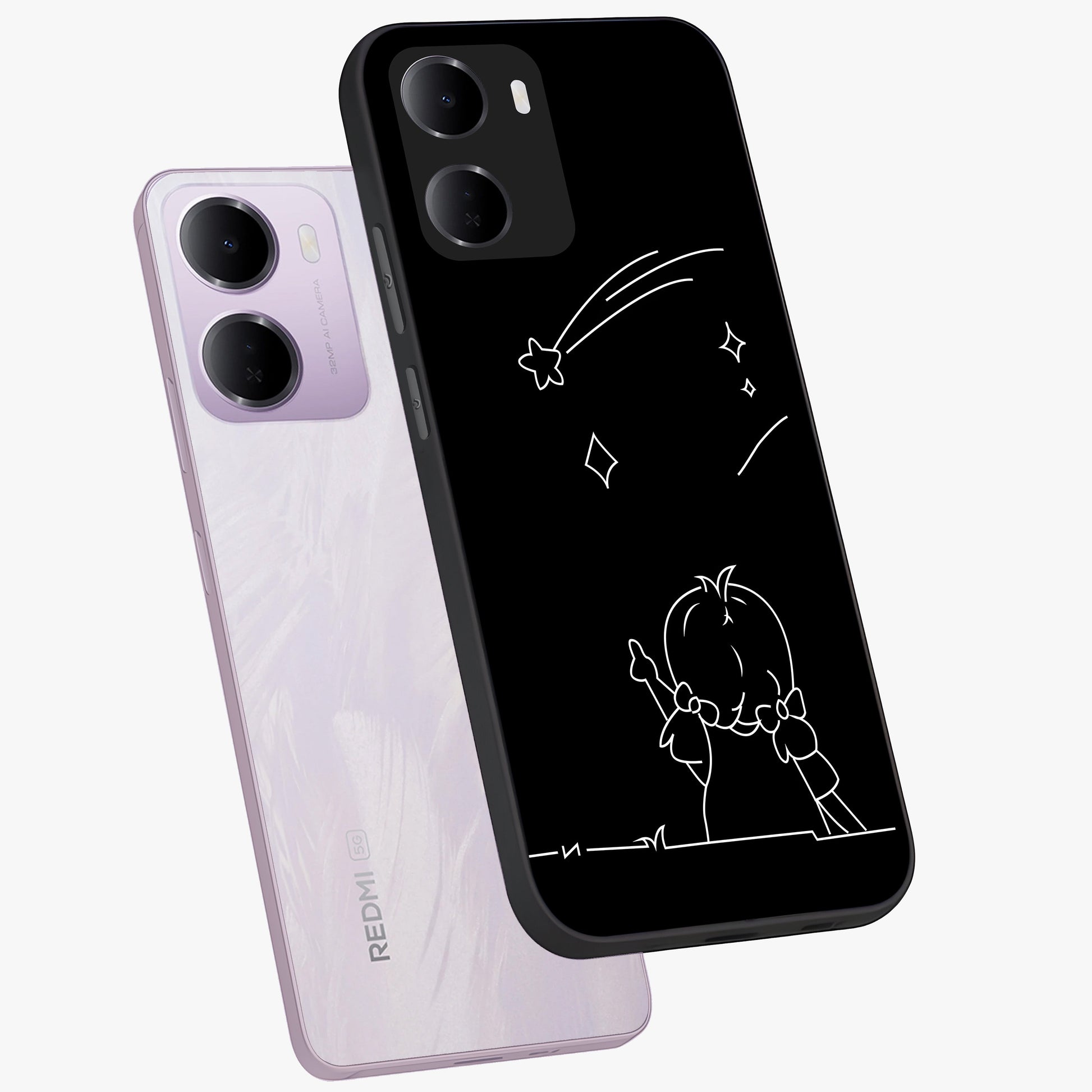 Line Art Girl With Shooting Stars Glass Case displayed in angled mockup highlighting elegant line art design with dreamy star aesthetic.