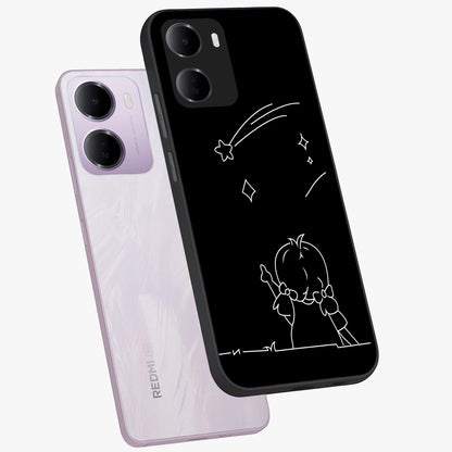 Line Art Girl With Shooting Stars Glass Case displayed in angled mockup highlighting elegant line art design with dreamy star aesthetic.