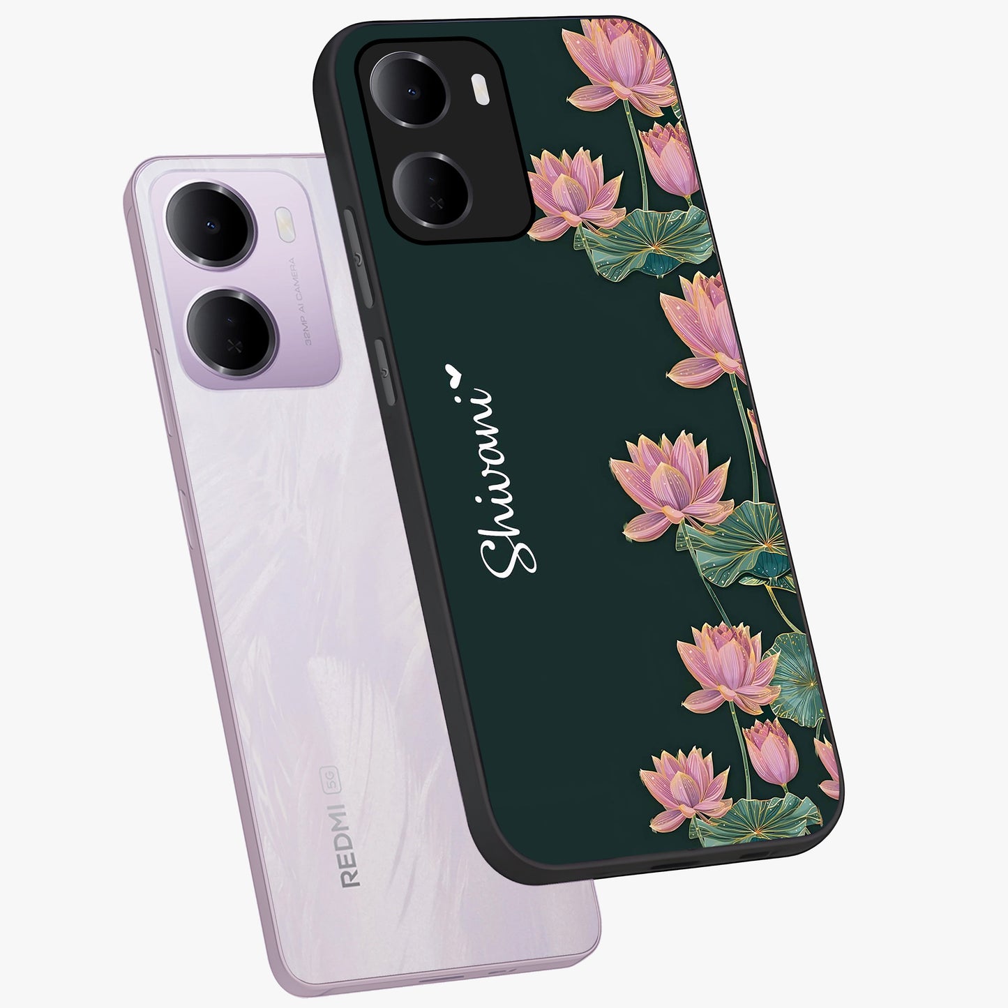 Lotus Bloom Serenity Custom Name Glass Case displayed in angled mockup highlighting graceful lotus illustration with custom name feature.