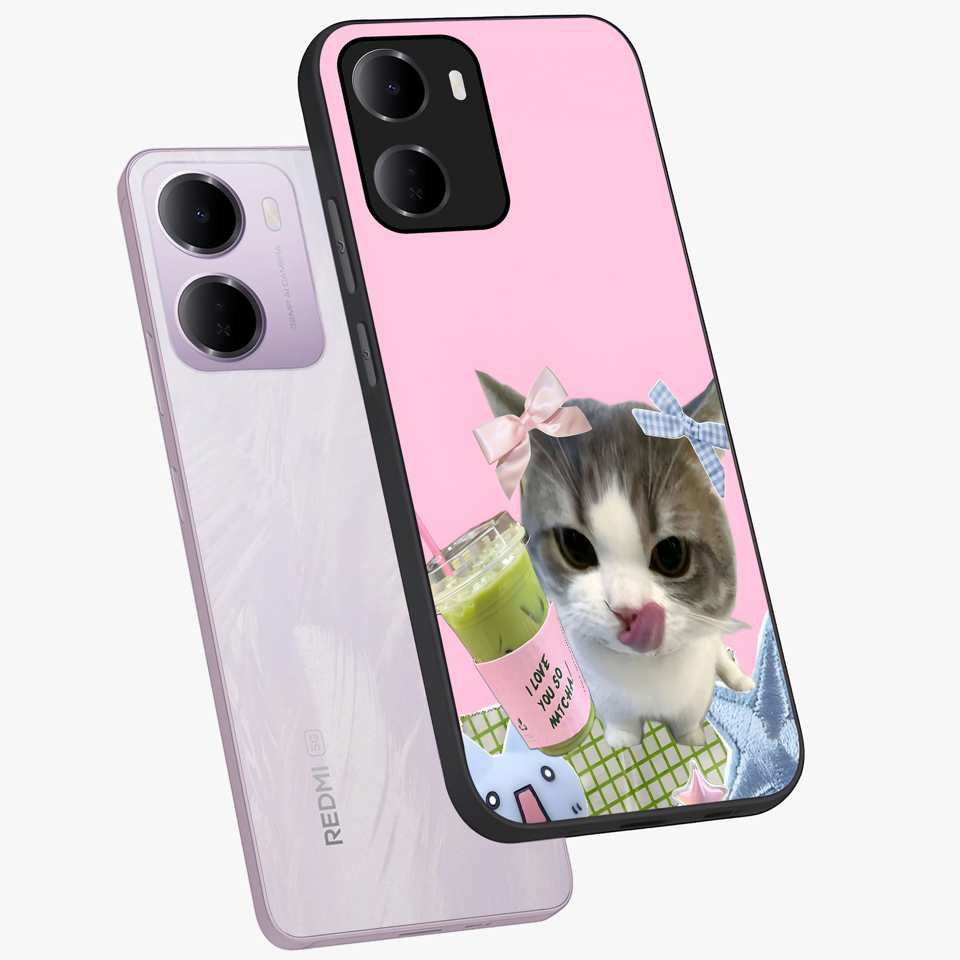 Love Matcha Cat Glass Case displayed in angled mockup highlighting playful feline illustration with cozy matcha aesthetic.