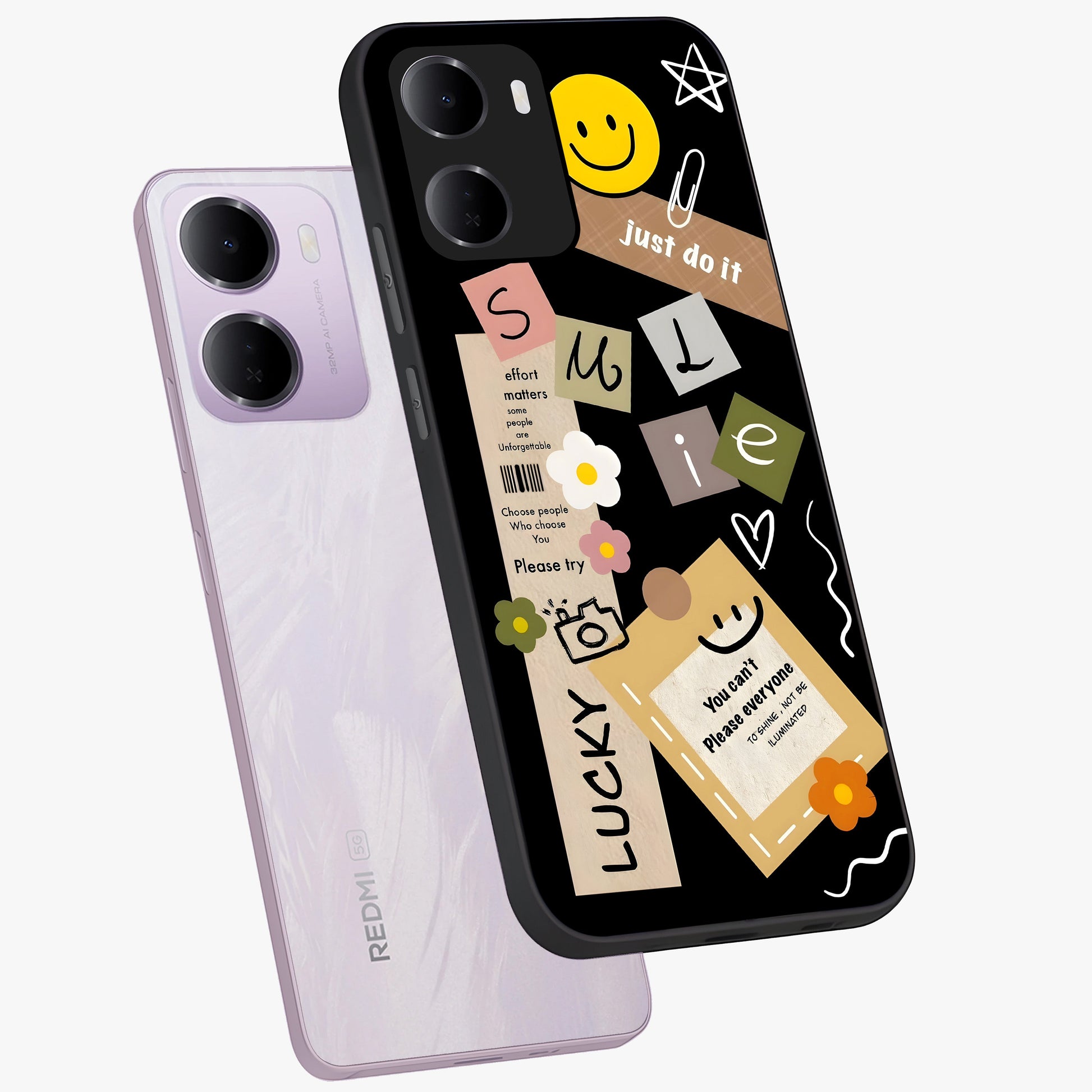 Lucky Aesthetic Collage Glass Case displayed in angled mockup highlighting stylish collage pattern with modern aesthetic vibe.
