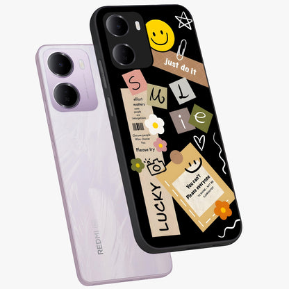 Lucky Aesthetic Collage Glass Case displayed in angled mockup highlighting stylish collage pattern with modern aesthetic vibe.