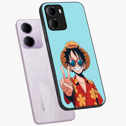 Luffy Summer Anime Vibe Glass Case displayed in angled mockup highlighting energetic anime illustration with summer vibe aesthetic.
