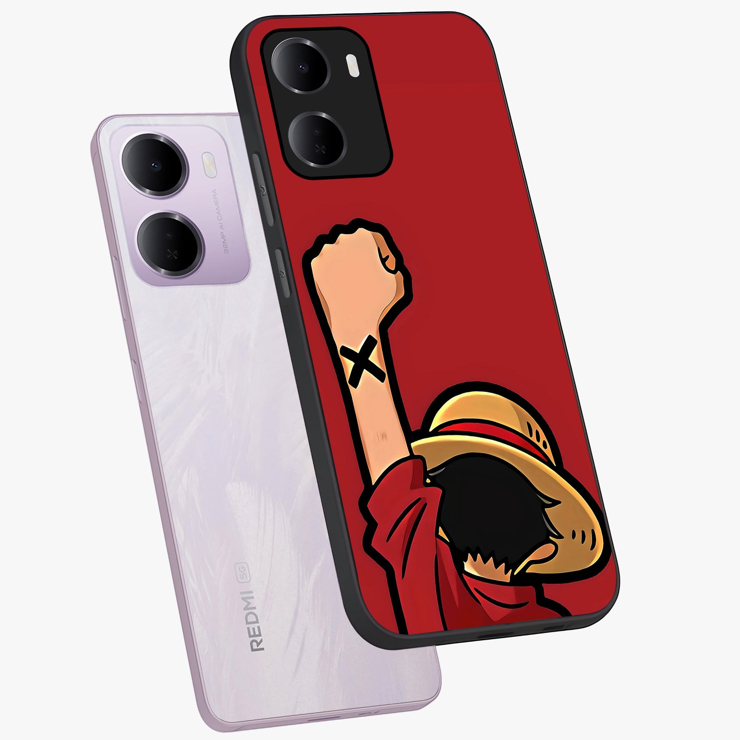 Luffy X Spirit Glass Case displayed in angled mockup highlighting powerful anime design with energetic action aesthetic.