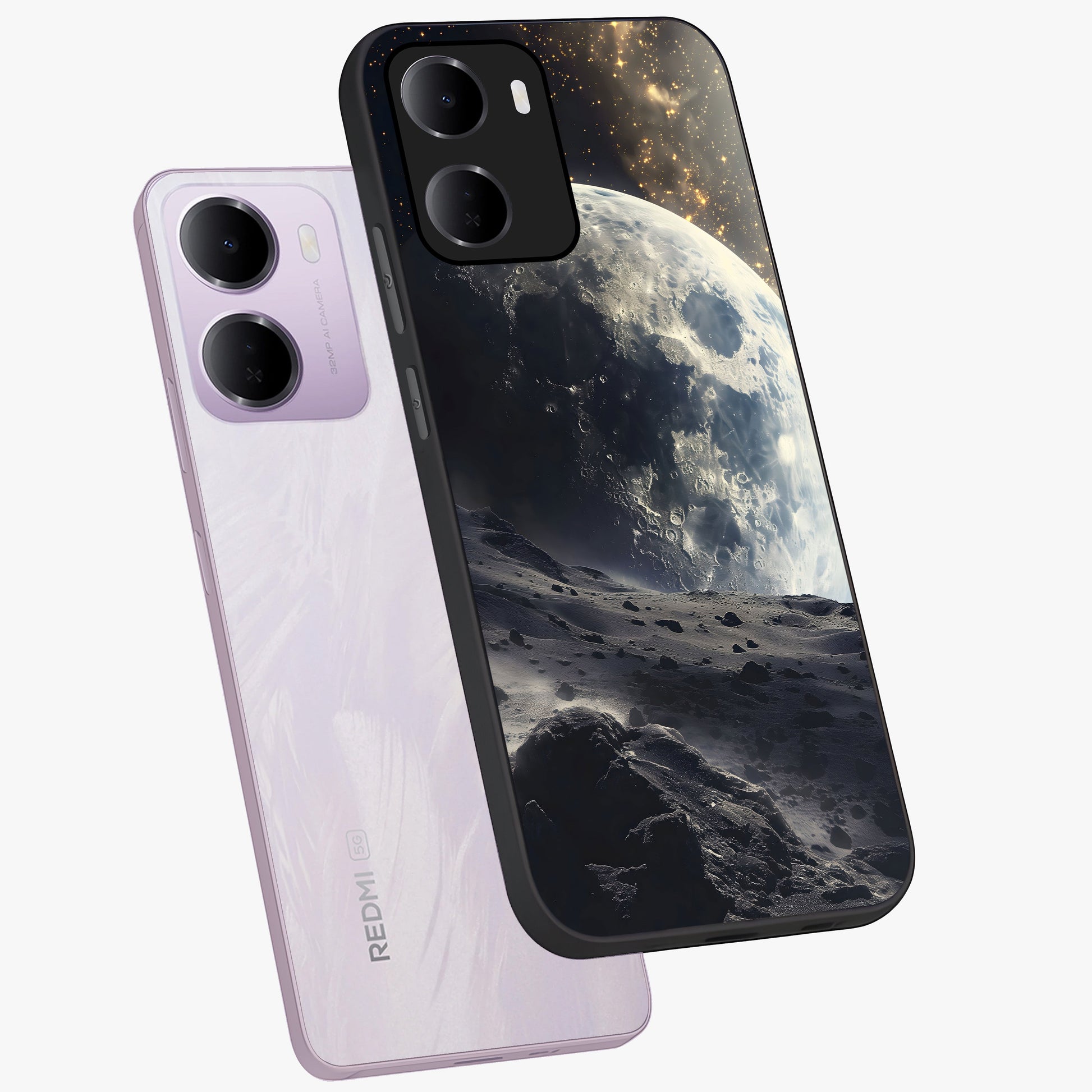Lunar Horizon Glow Glass Case displayed in angled mockup highlighting celestial moon design with dreamy night aesthetic.