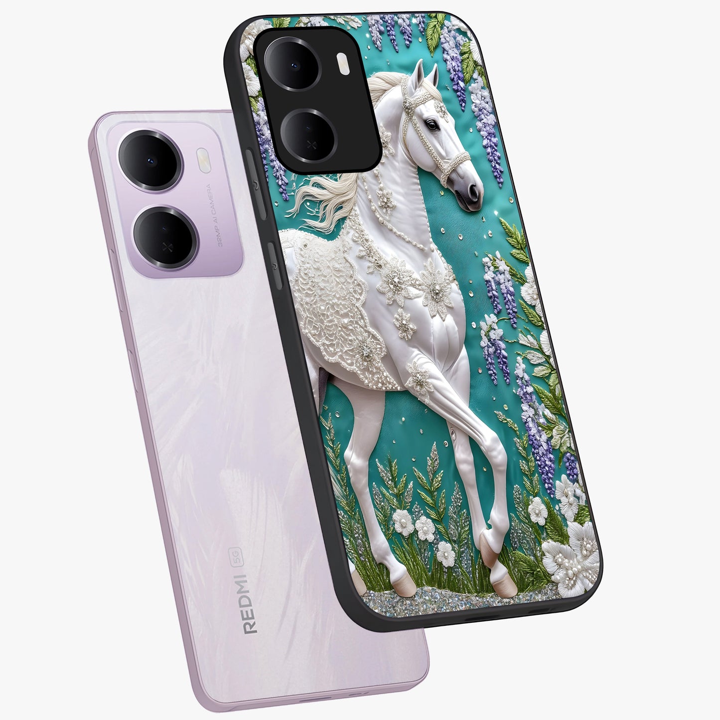Majestic Floral Stallion Glass Case displayed in angled mockup highlighting majestic stallion illustration with elegant floral aesthetic.