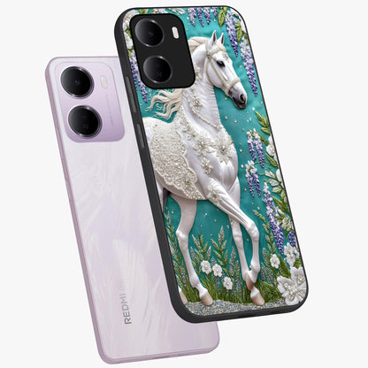 Majestic Floral Stallion Glass Case displayed in angled mockup highlighting majestic stallion illustration with elegant floral aesthetic.