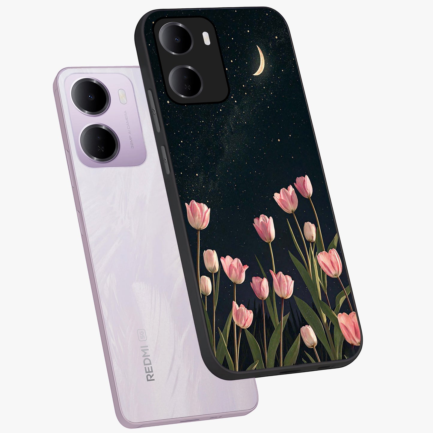 Midnight Tulip Whispers Vibe Glass Case displayed in angled mockup highlighting delicate tulip design with midnight floral aesthetic.