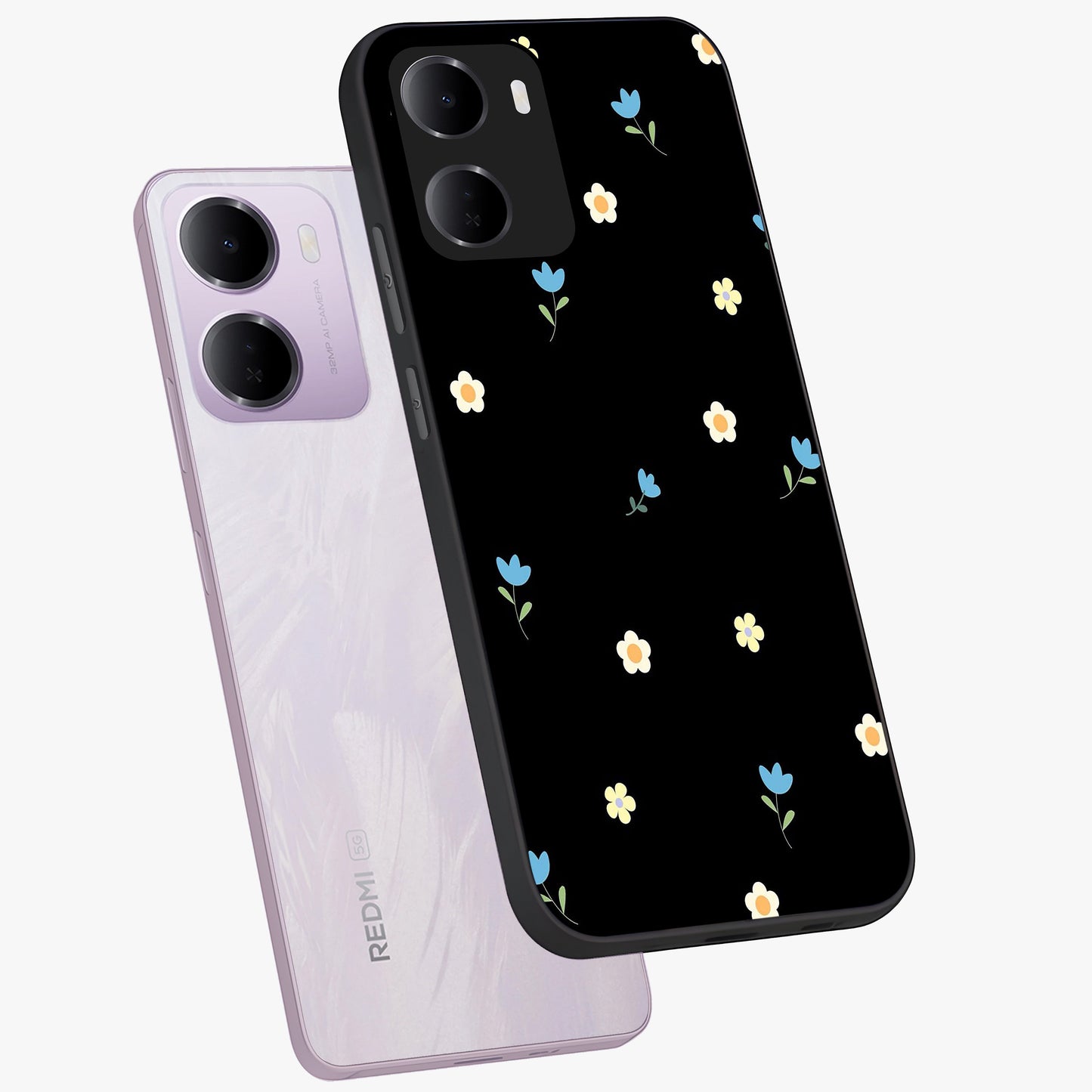 Minimal Petal Whispers Glass Case displayed in angled mockup highlighting delicate petal design with clean minimal aesthetic.