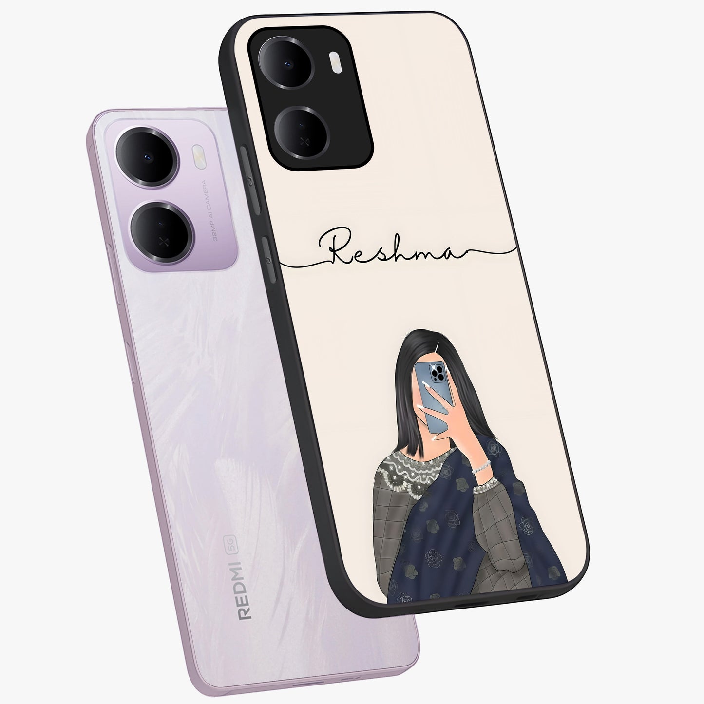 Mirror Mood Muse With Custom Name Glass Case displayed in angled mockup highlighting aesthetic mirror inspired design with custom name feature.