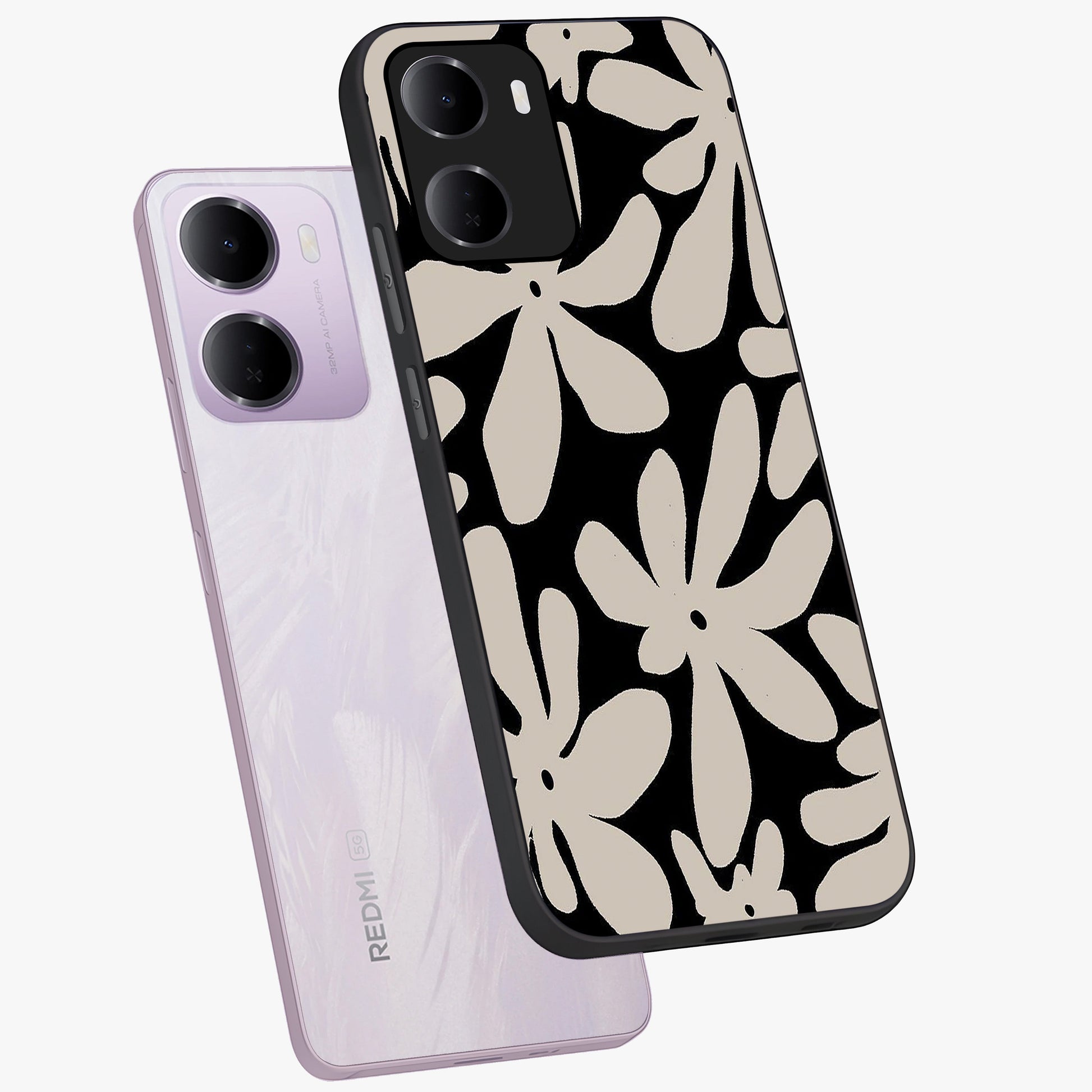 Monochrome Petal Dance Glass Case displayed in angled mockup highlighting elegant petal design with black and white aesthetic.
