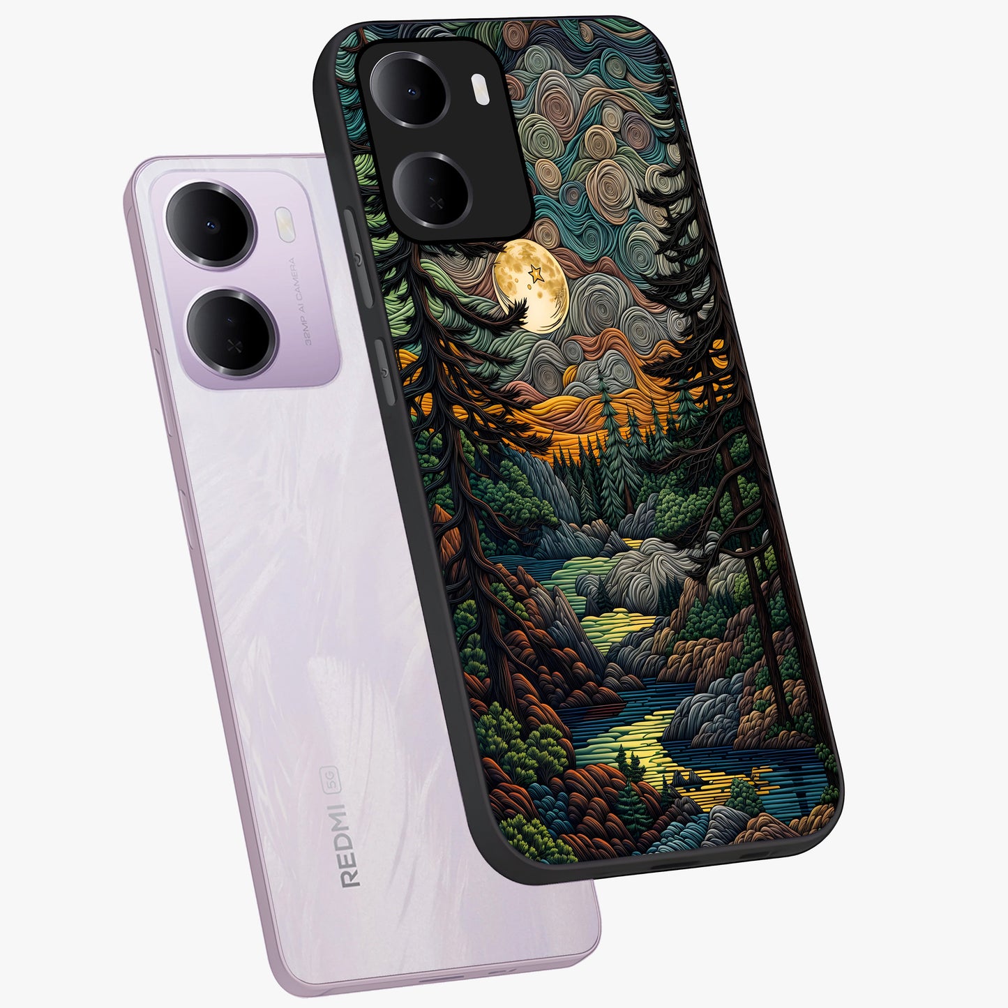 Moonlight Forest Dream Glass Case displayed in angled mockup highlighting dreamy forest design with glowing moon aesthetic.