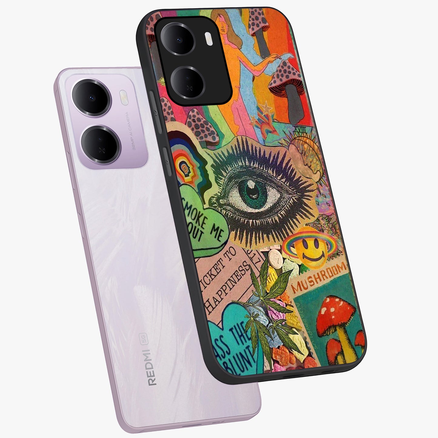 Mystic Eye Wonderland Glass Case displayed in angled mockup highlighting magical eye illustration with dreamy aesthetic.