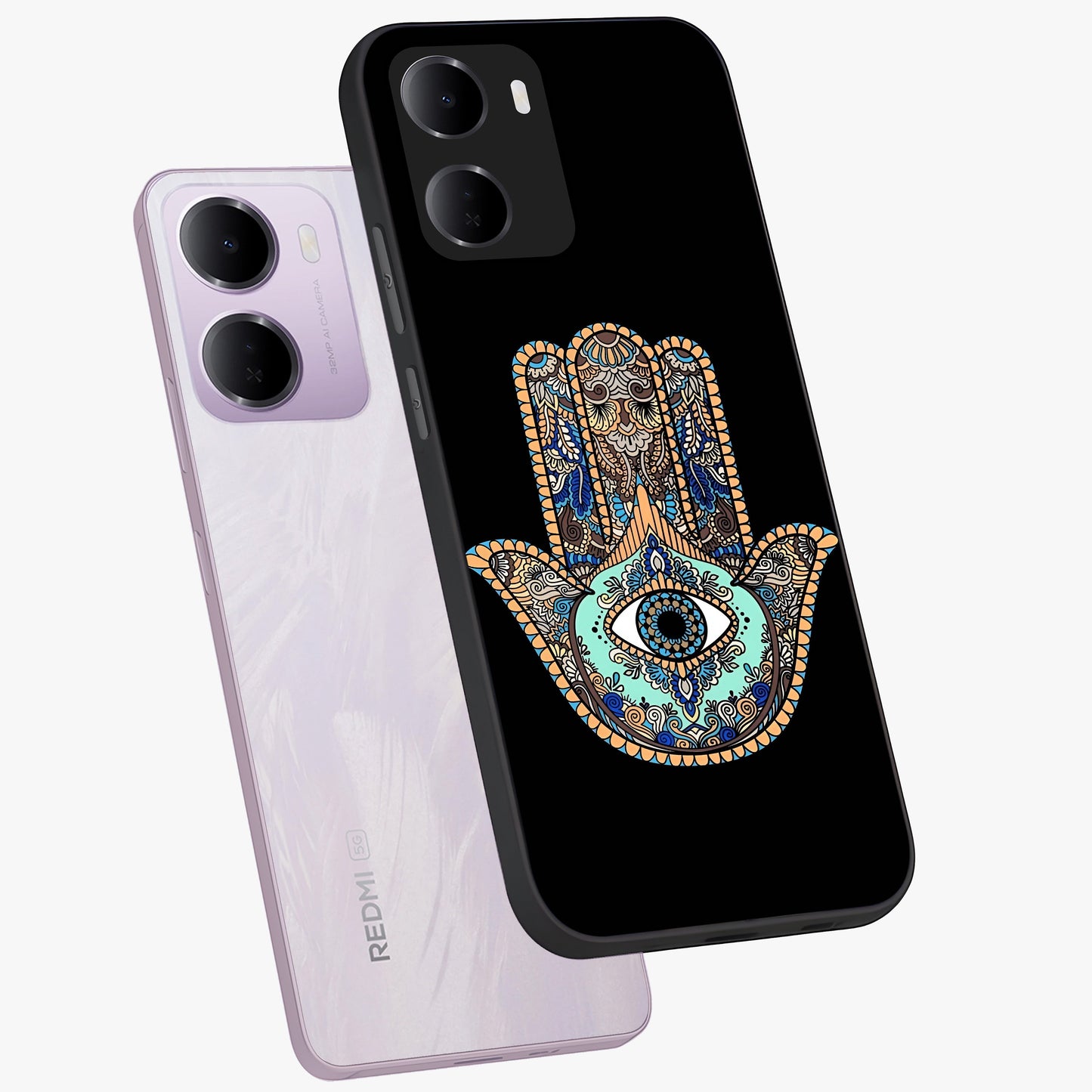 Mystic Hamsa Eye Glass Case displayed in angled mockup highlighting spiritual hamsa symbol with mystical aesthetic style.