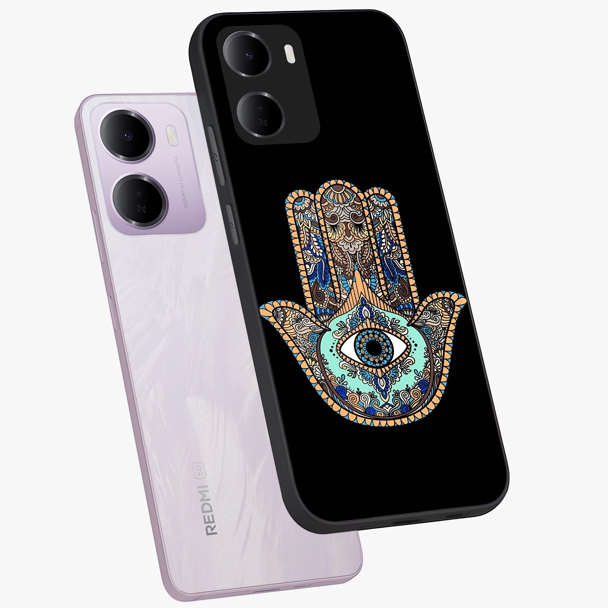 Mystic Hamsa Eye Glass Case displayed in angled mockup highlighting spiritual hamsa symbol with mystical aesthetic style.