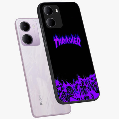 Neon Flame Riot Glass Case displayed in angled mockup highlighting glowing flame design with vibrant neon aesthetic.
