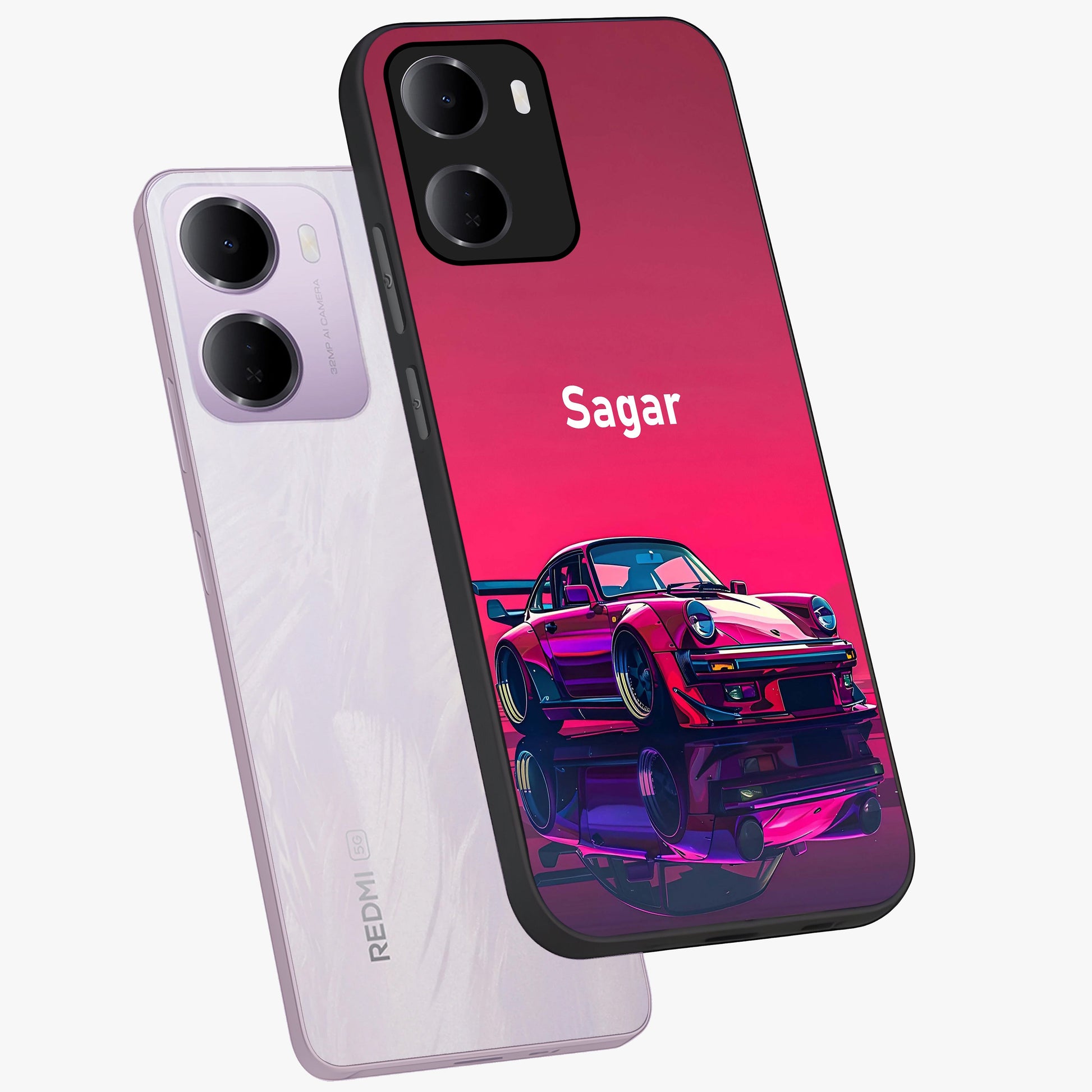 Neon Pink Porsche Glass Case displayed in angled mockup highlighting sleek neon pink car design with racing aesthetic.