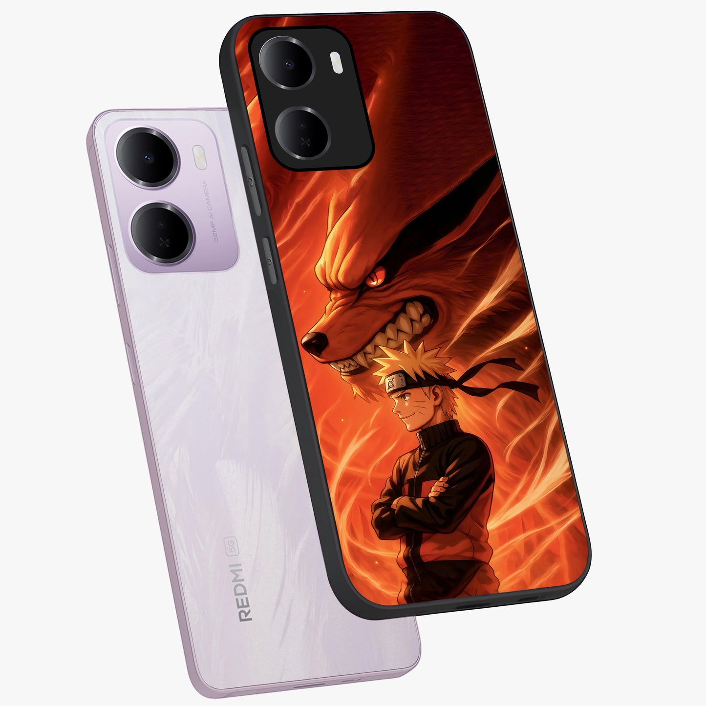 Nine Tails Legacy Glass Case displayed in angled mockup highlighting dynamic anime beast illustration with bold mystical aesthetic.