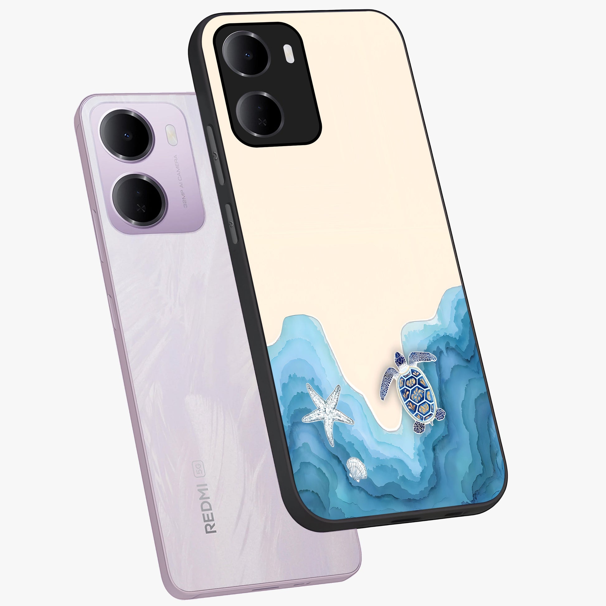 Ocean Drift Turtle Glass Case displayed in angled mockup highlighting peaceful ocean turtle illustration with marine aesthetic.