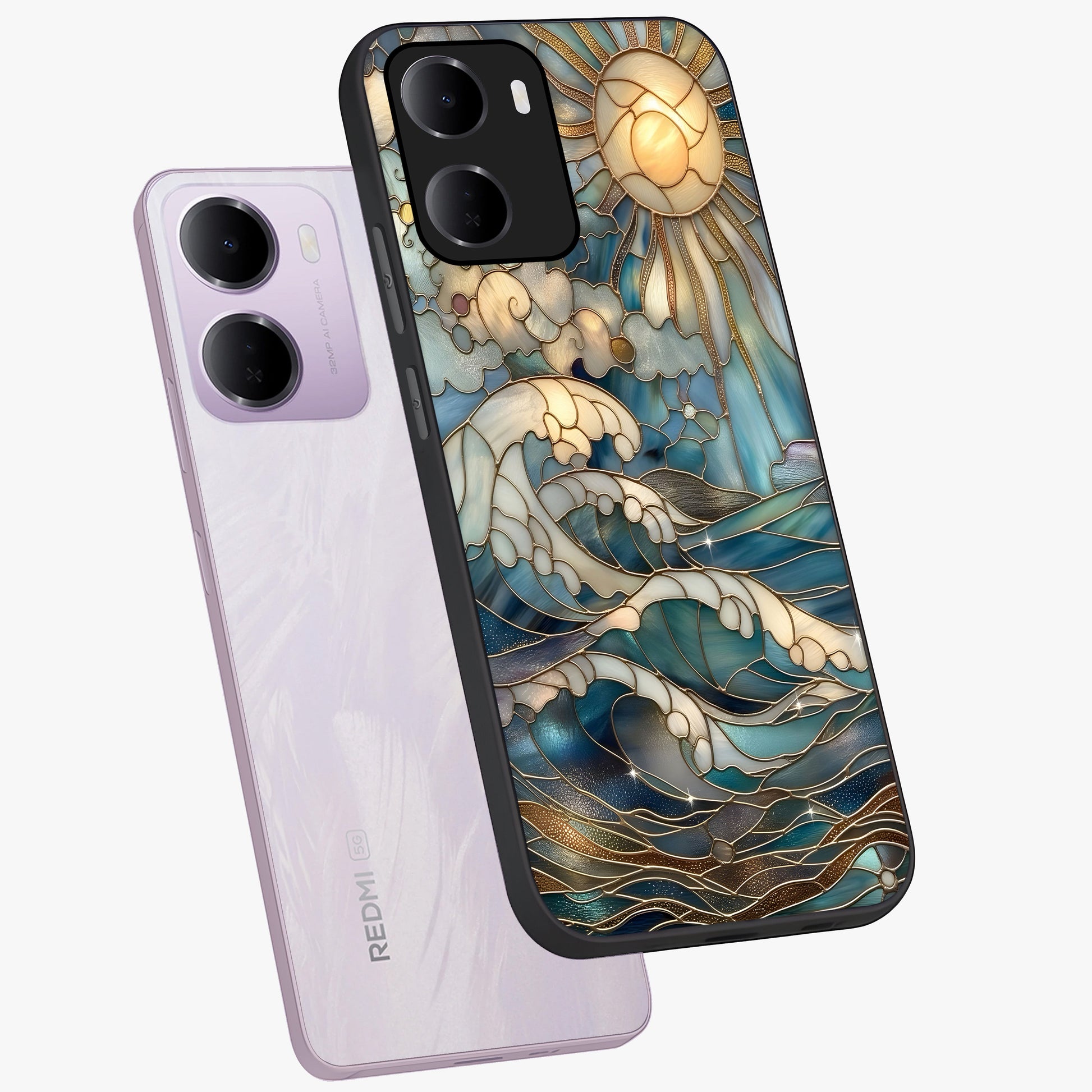 Oceanic Stained Printed Glass Case displayed in angled mockup highlighting colorful aquatic design with artistic aesthetic style.