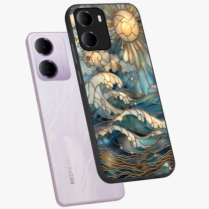 Oceanic Stained Printed Glass Case displayed in angled mockup highlighting colorful aquatic design with artistic aesthetic style.