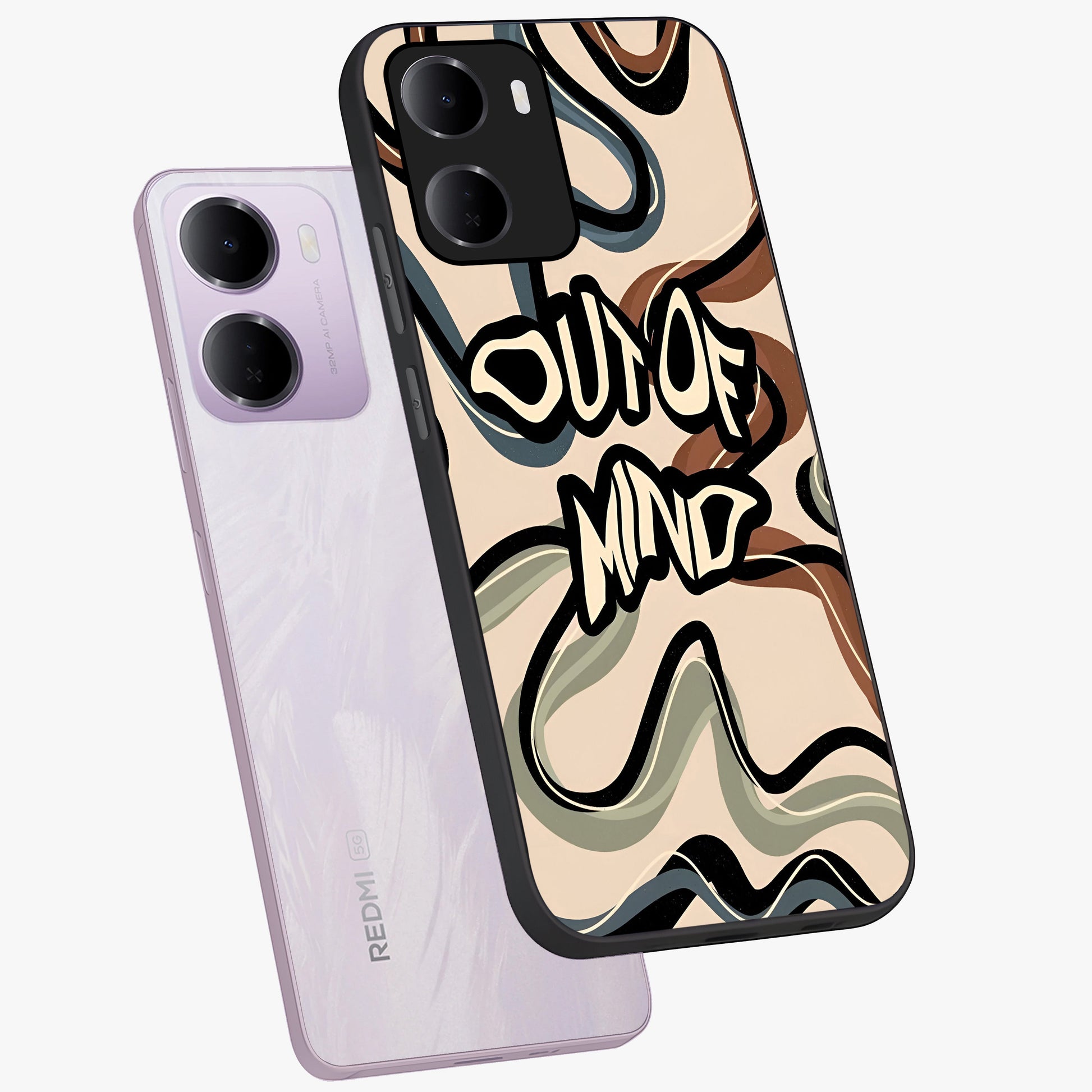 Out Of Mind Glass Case displayed in angled mockup highlighting bold statement design with modern artistic aesthetic.