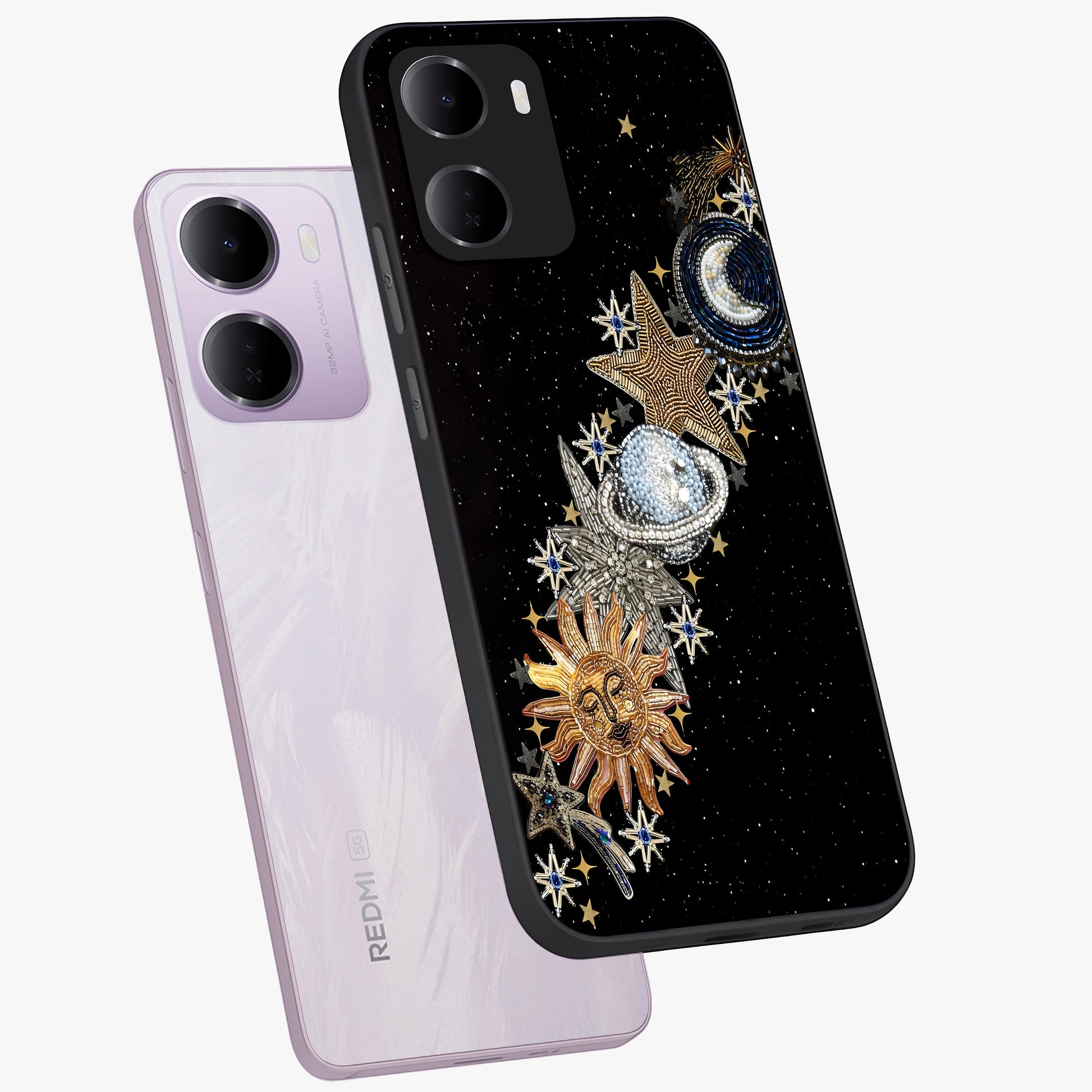 Pearls Universe Object Glass Case displayed in angled mockup highlighting celestial pearl design with dreamy aesthetic.