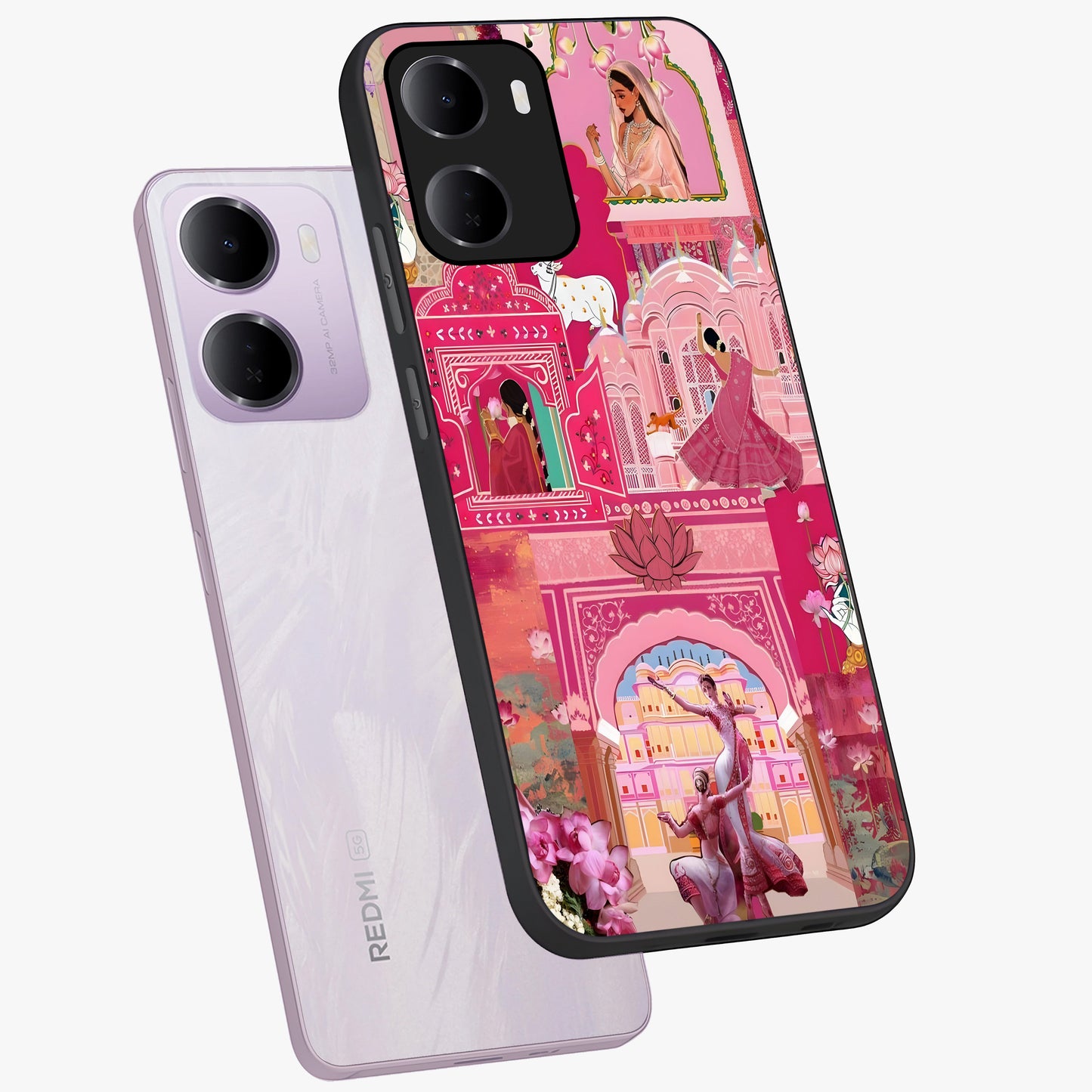 Pink Palace Muse Glass Case displayed in angled mockup highlighting dreamy palace illustration with soft pink aesthetic.