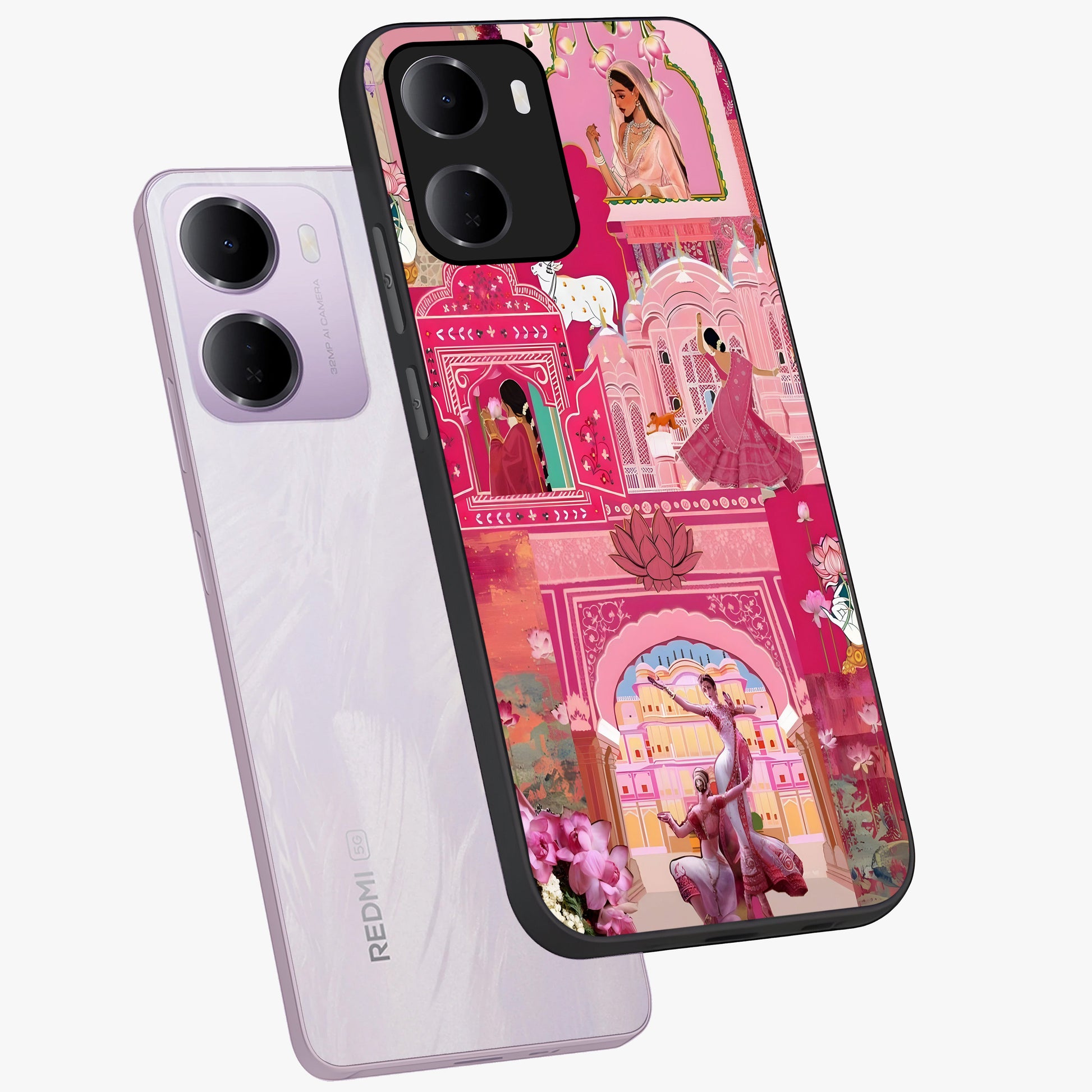 Pink Palace Muse Glass Case displayed in angled mockup highlighting dreamy palace illustration with soft pink aesthetic.