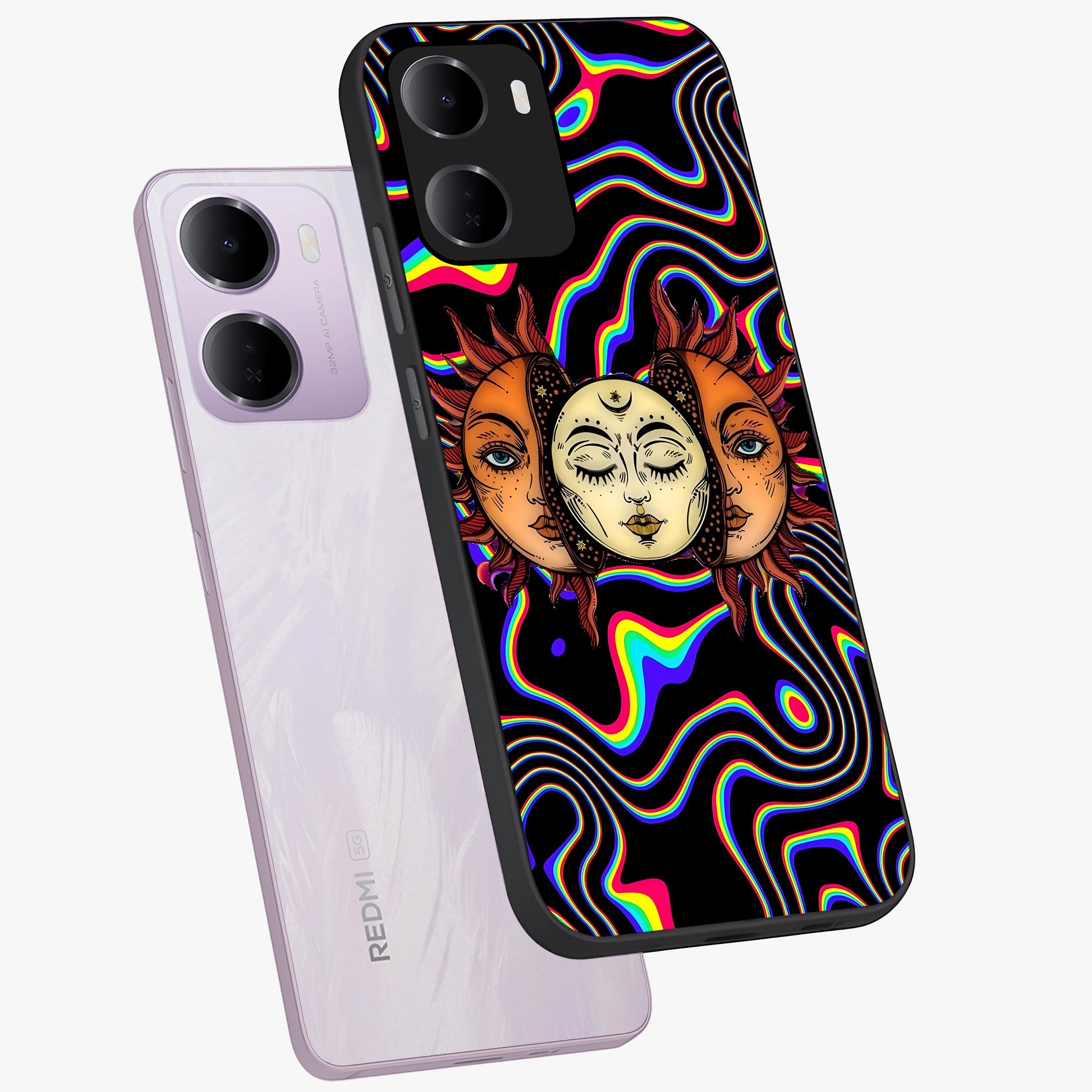 Psychedelic Sun Glass Case displayed in angled mockup highlighting vibrant abstract sun design with artistic aesthetic style.