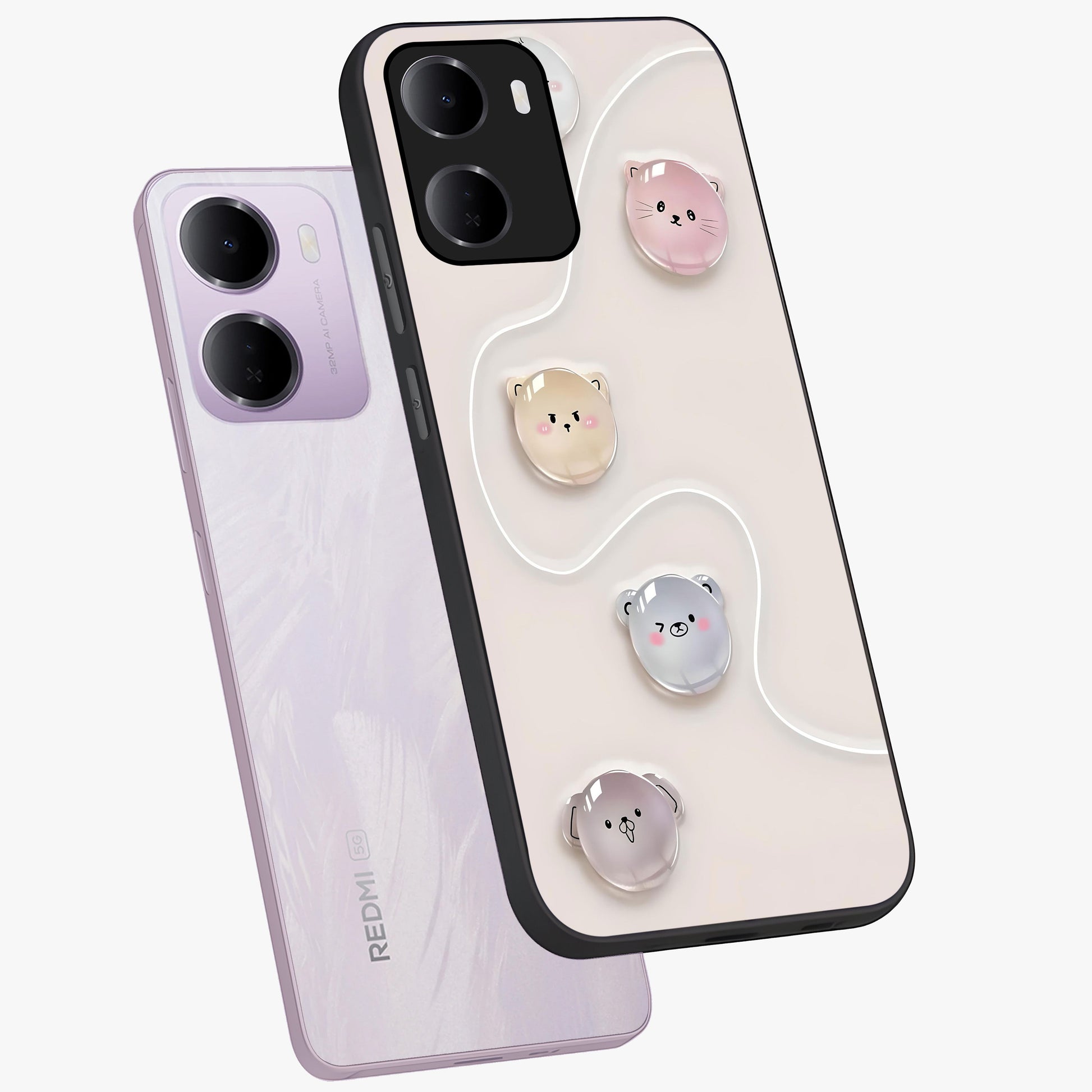 Puffy Face Parade Glass Case displayed in angled mockup highlighting playful cartoon face design with fun aesthetic.