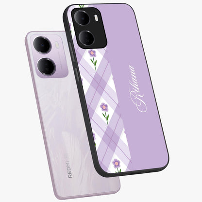 Purple Diamond Floral Glass Case displayed in angled mockup highlighting elegant purple flower design with decorative pattern.