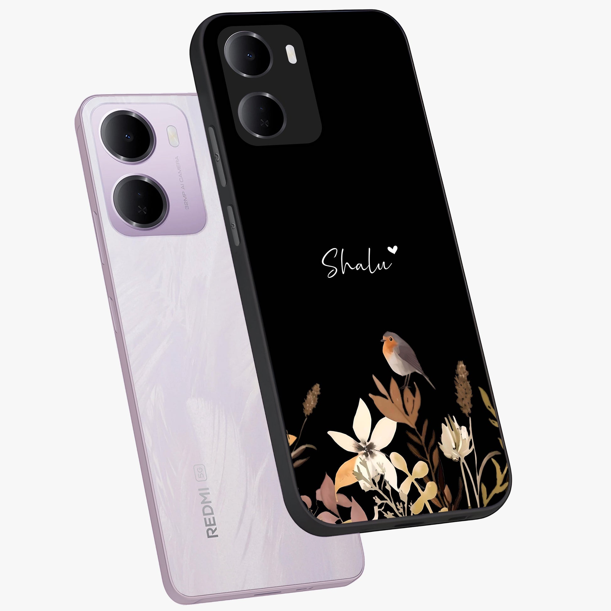 Quiet Garden Tune Custom Name Glass Case displayed in angled mockup highlighting delicate floral garden design with custom name feature.