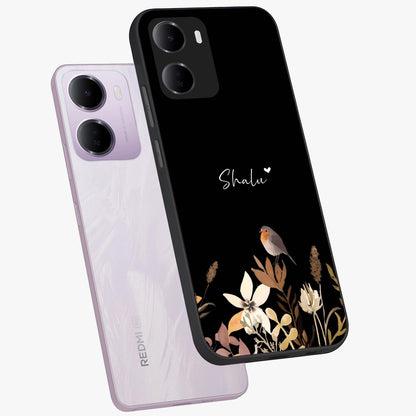 Quiet Garden Tune Custom Name Glass Case displayed in angled mockup highlighting delicate floral garden design with custom name feature.