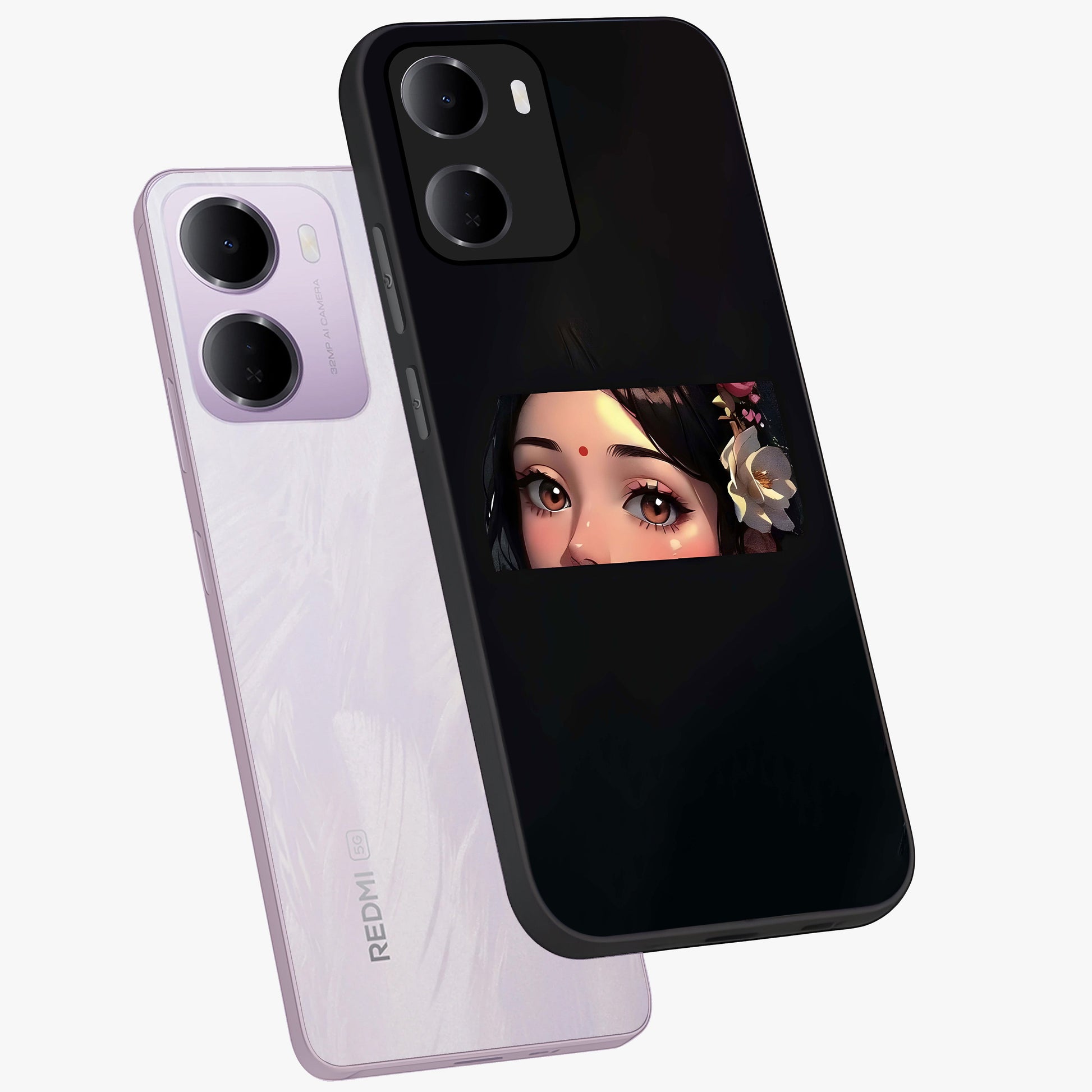 Radha Divine Embrace Glass Case displayed in angled mockup highlighting graceful spiritual illustration with divine aesthetic.