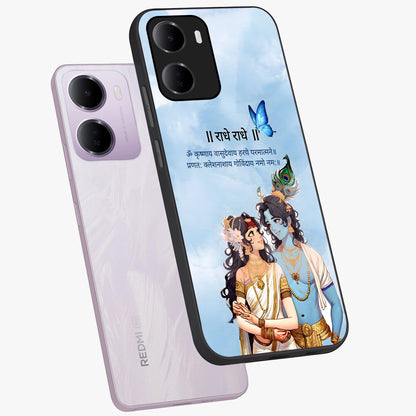 Radha Krishna Eternal Glass Case displayed in angled mockup highlighting divine Radha Krishna illustration with spiritual aesthetic.