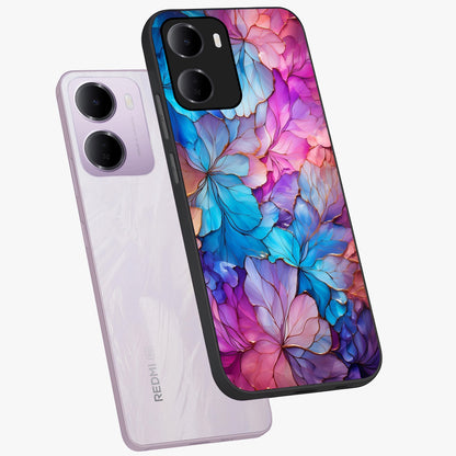 Radiant Floral Whirl Glass Case displayed in angled mockup highlighting vibrant flower pattern with dynamic artistic aesthetic.
