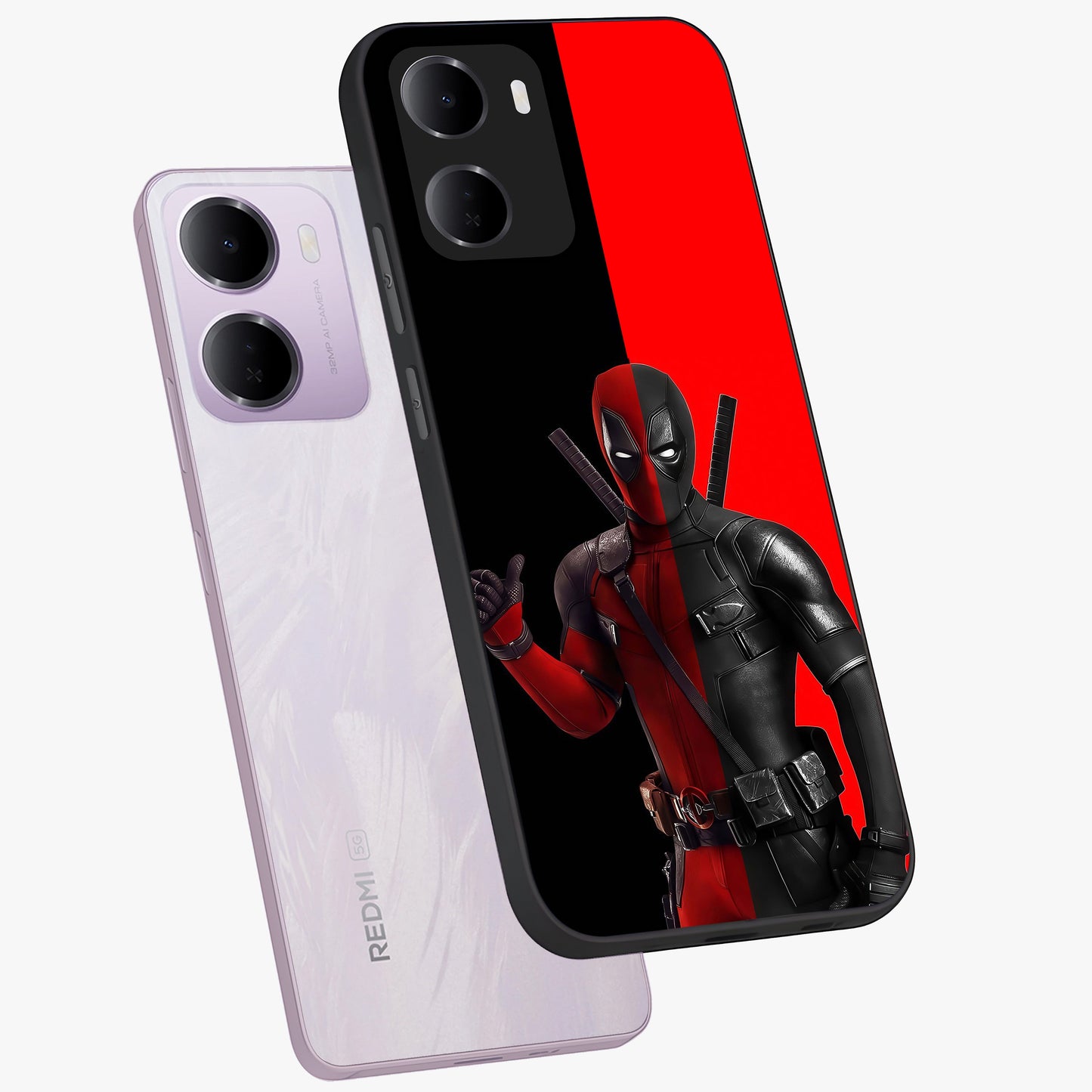 Red & Black Deadpool Theme Glass Case displayed in angled mockup highlighting vibrant superhero style illustration with action aesthetic.
