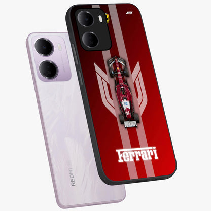 Red Ferrari F1 Vertical Glass Case displayed in angled mockup highlighting high speed racing design with bold automotive aesthetic.