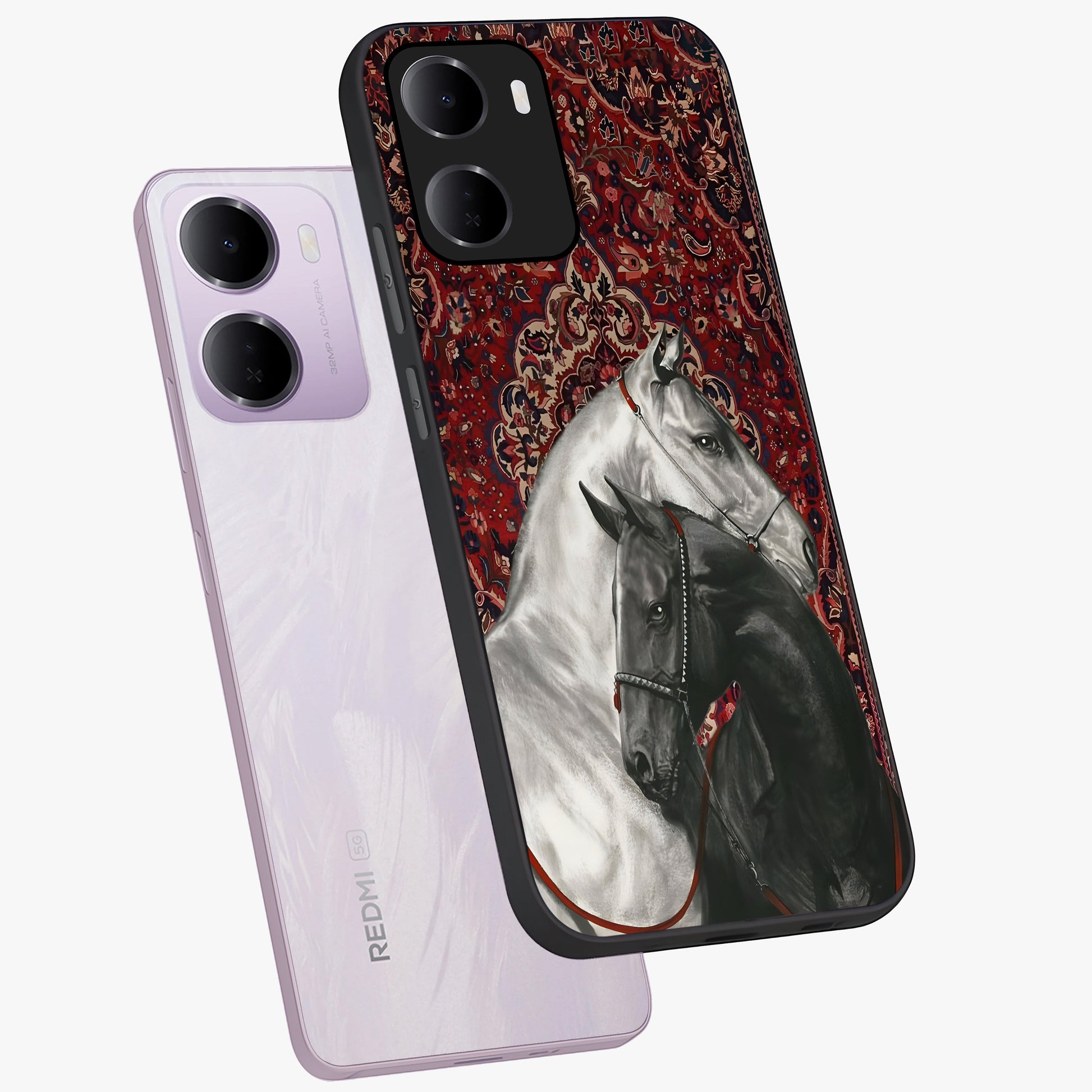 Regal Stallion Tapestry Glass Case displayed in angled mockup highlighting royal stallion design with decorative heritage aesthetic.