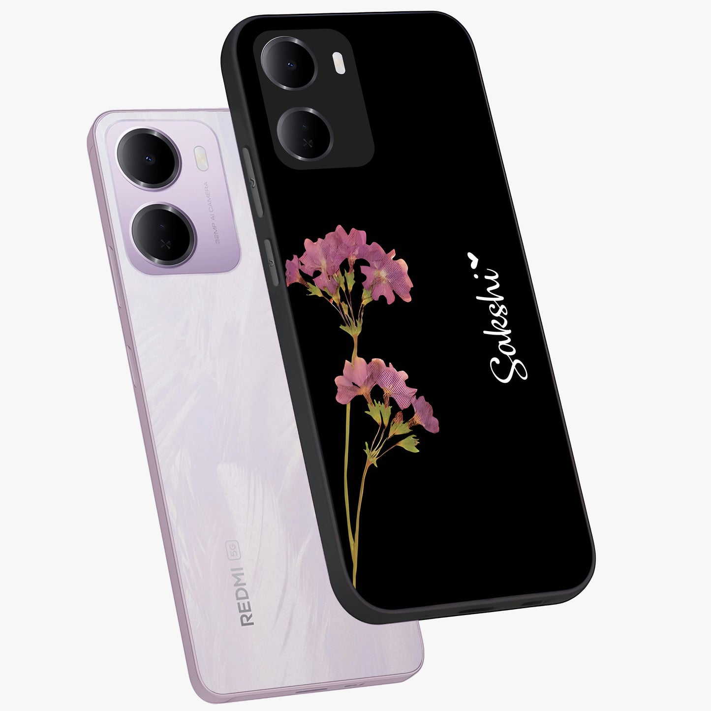 Riching Lavender Flower Custom Name Glass Case displayed in angled mockup highlighting delicate lavender flower design with custom name feature.