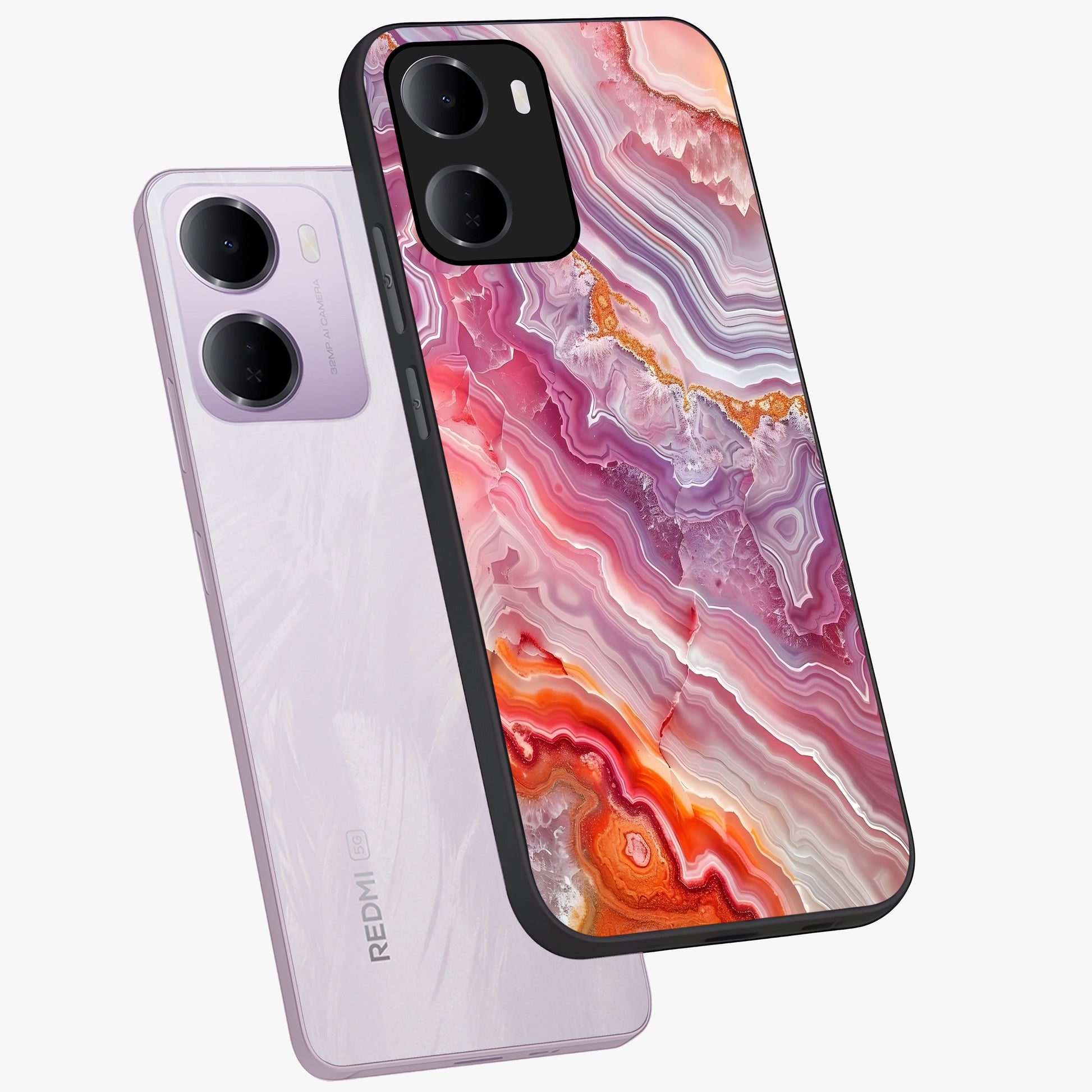 Rose Quartz Marble Glass Case displayed in angled mockup highlighting elegant marble pattern with soft aesthetic style.